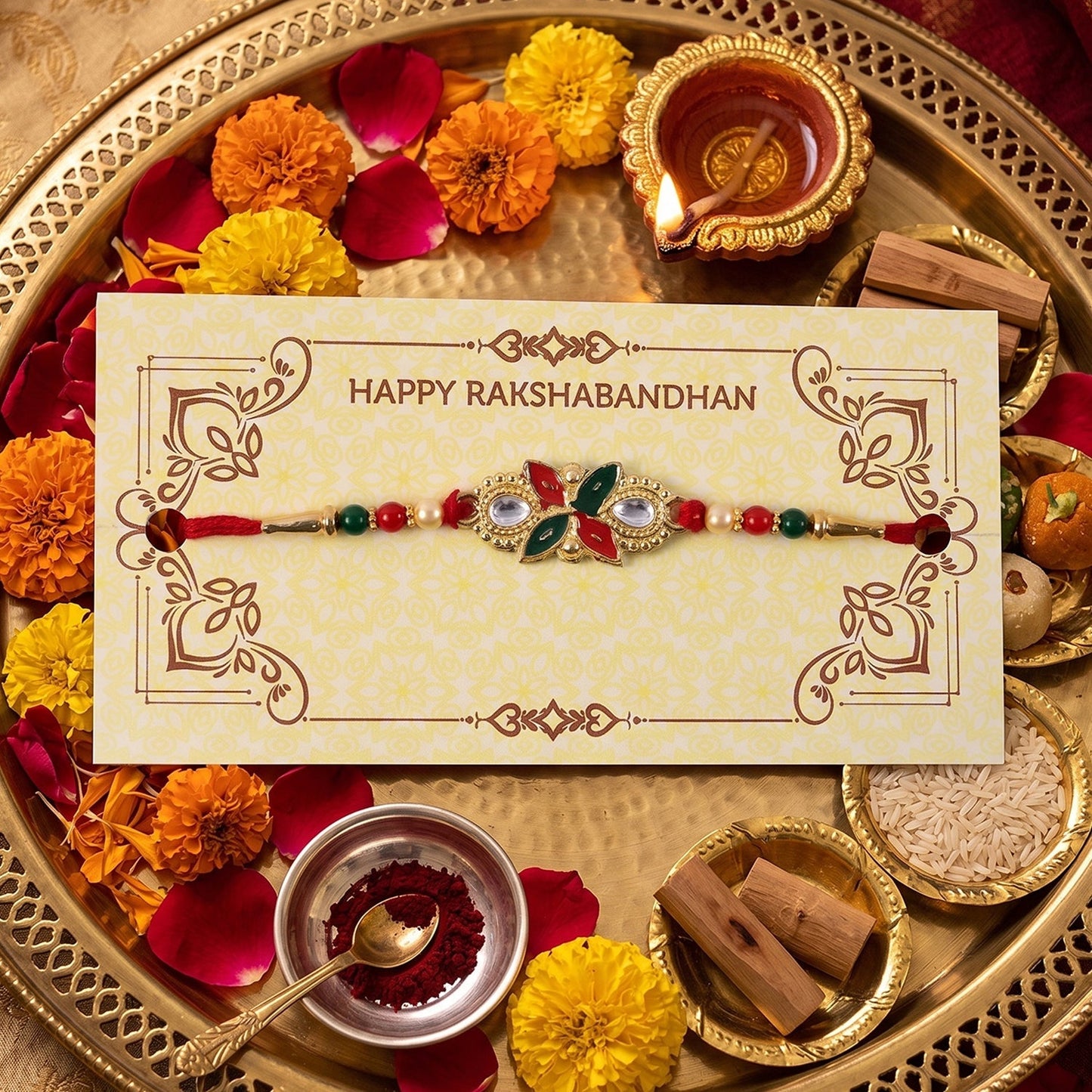 Elegant floral leaf centerpiece on Rakhi with intricate design