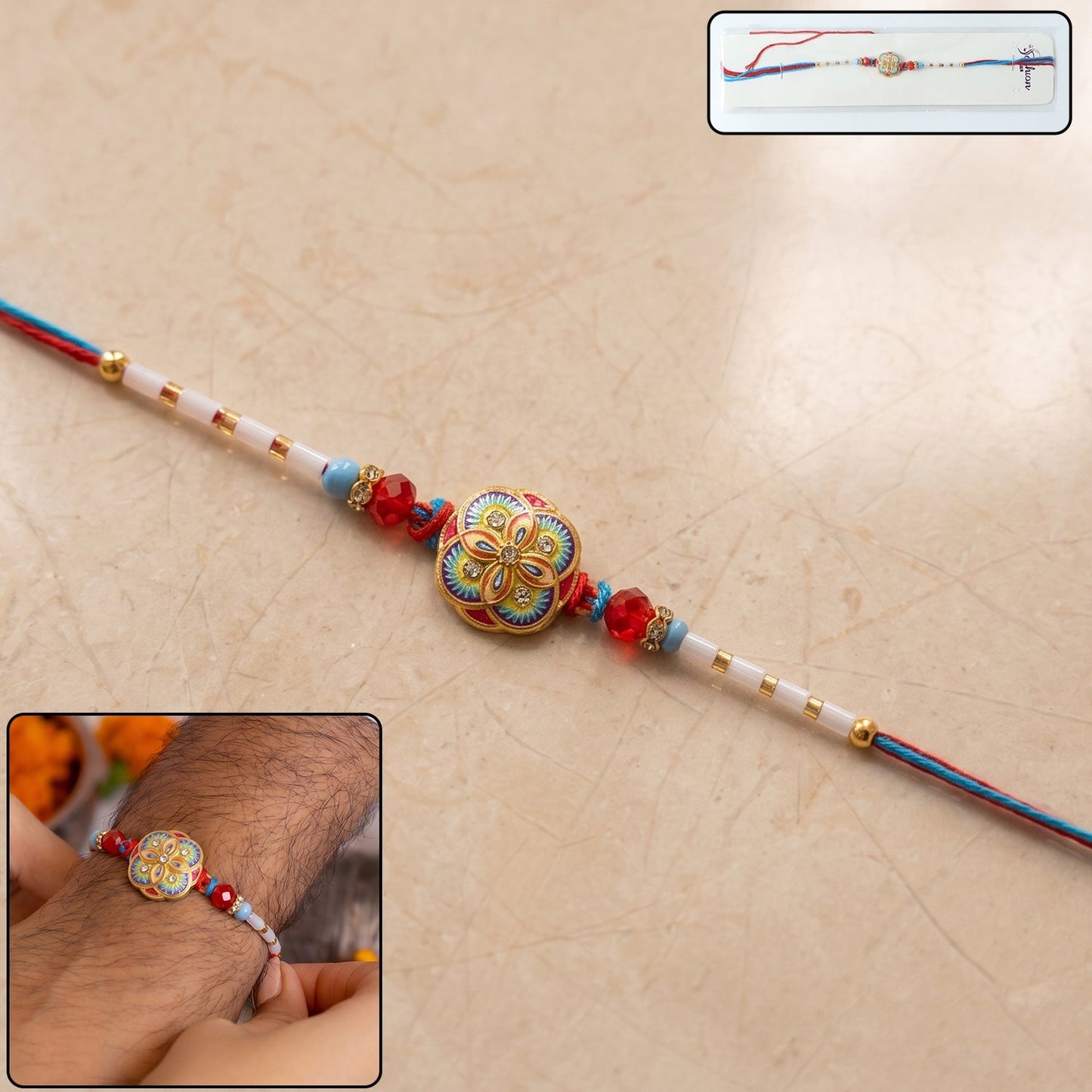 Multicolor floral designer Rakhi with beads, front view
