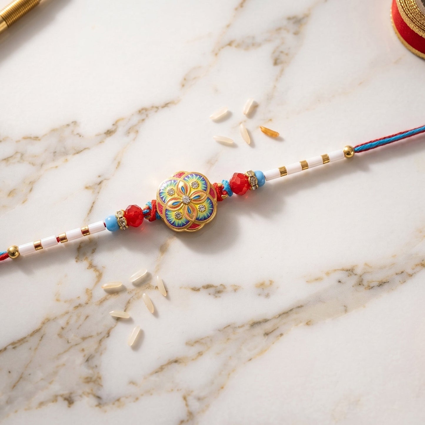 Side angle showing floral design Rakhi thread