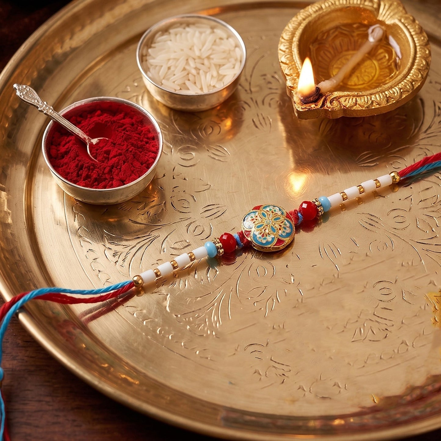 Top view of multicolor floral Rakhi with decorative beads