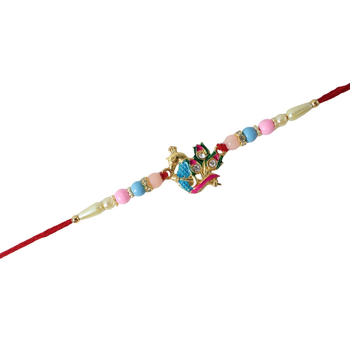 Top view of Peacock Rakhi with detailed beadwork