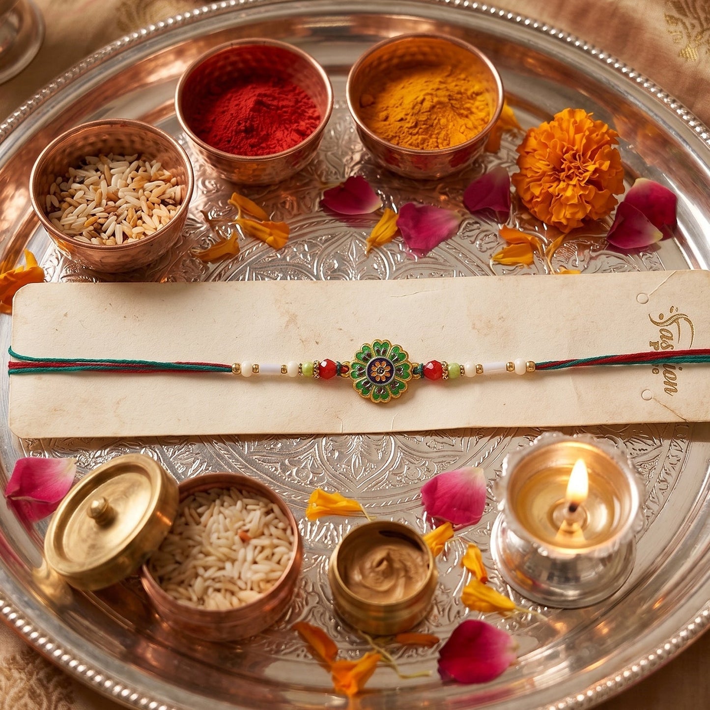 Top-down view of vibrant floral Rakhi with beads