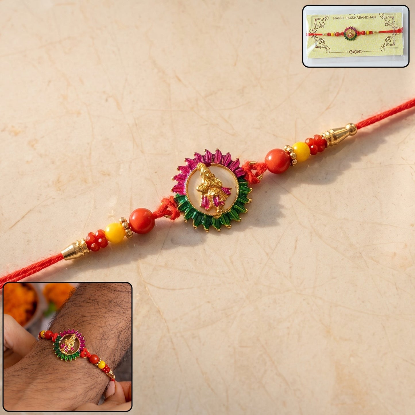 Traditional circular design Rakhi with decorative beads on soft thread