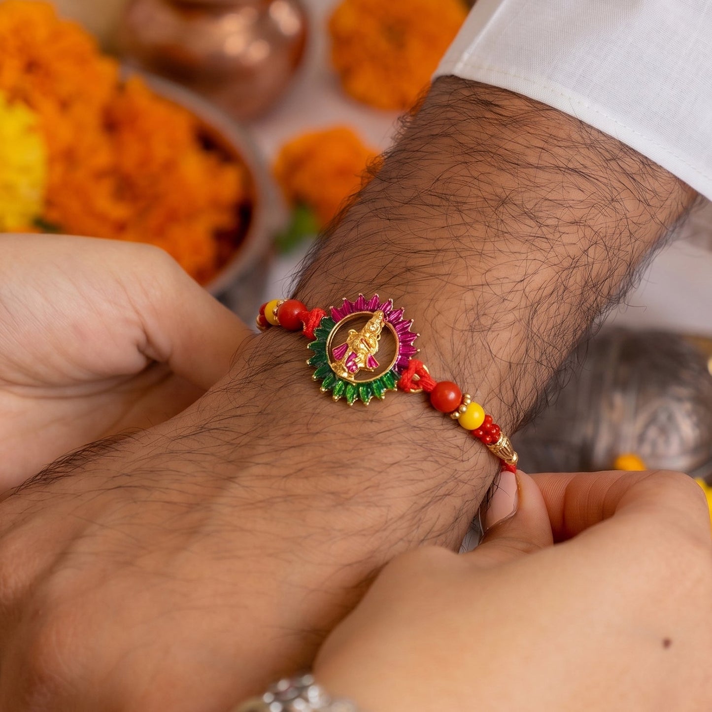 Vibrant beadwork on traditional Rakhi for Raksha Bandhan