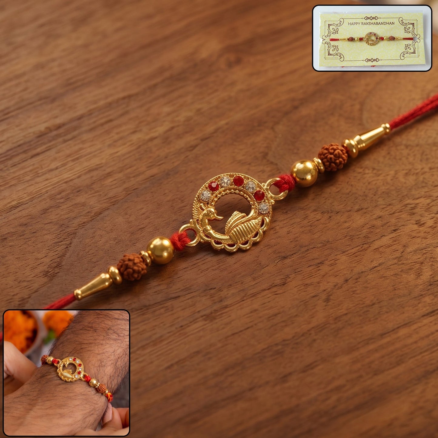 Golden Peacock Rakhi with Rudraksha beads on soft thread, ideal for Raksha Bandhan