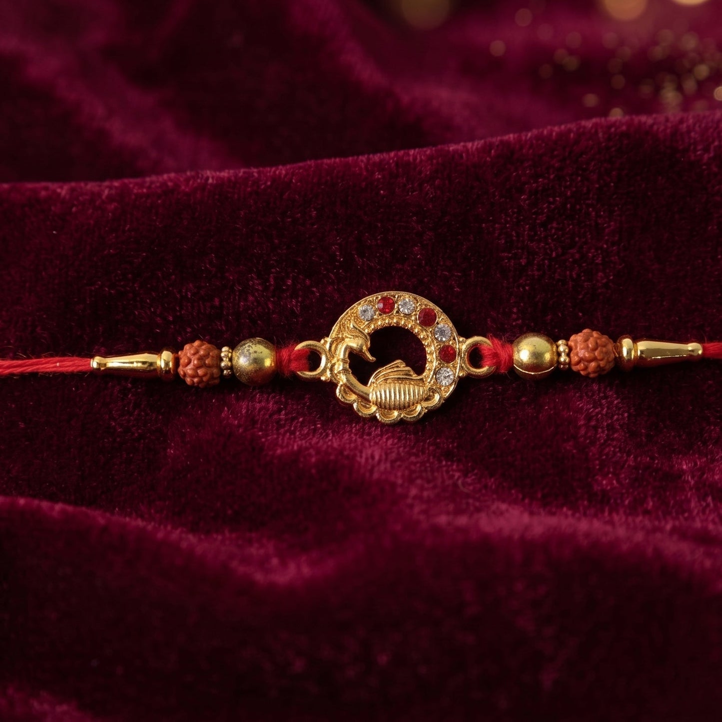 Elegant golden Peacock Rakhi with soft thread detailing