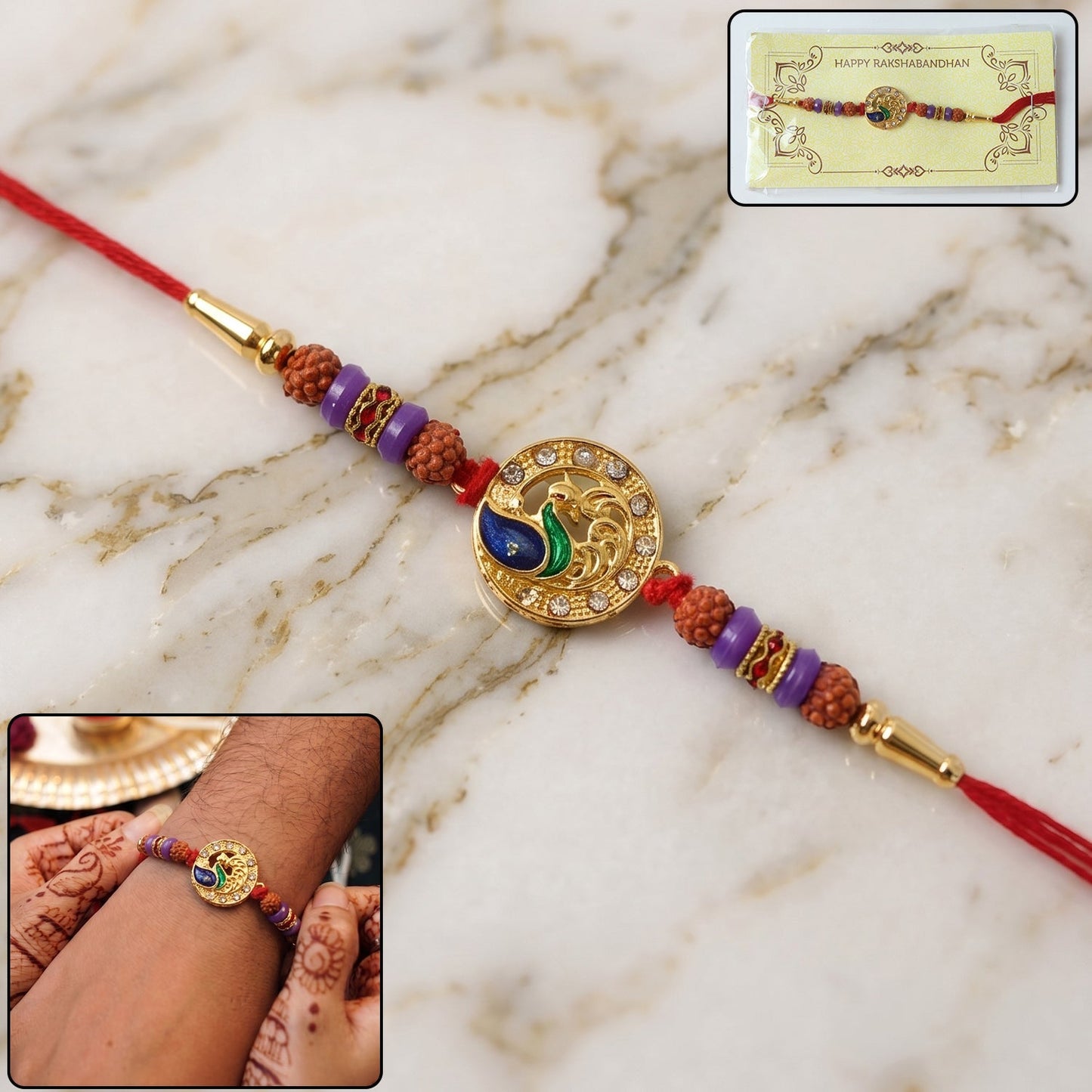 Close-up of Peacock Design Rakhi with Rudraksha beads highlighting intricate design