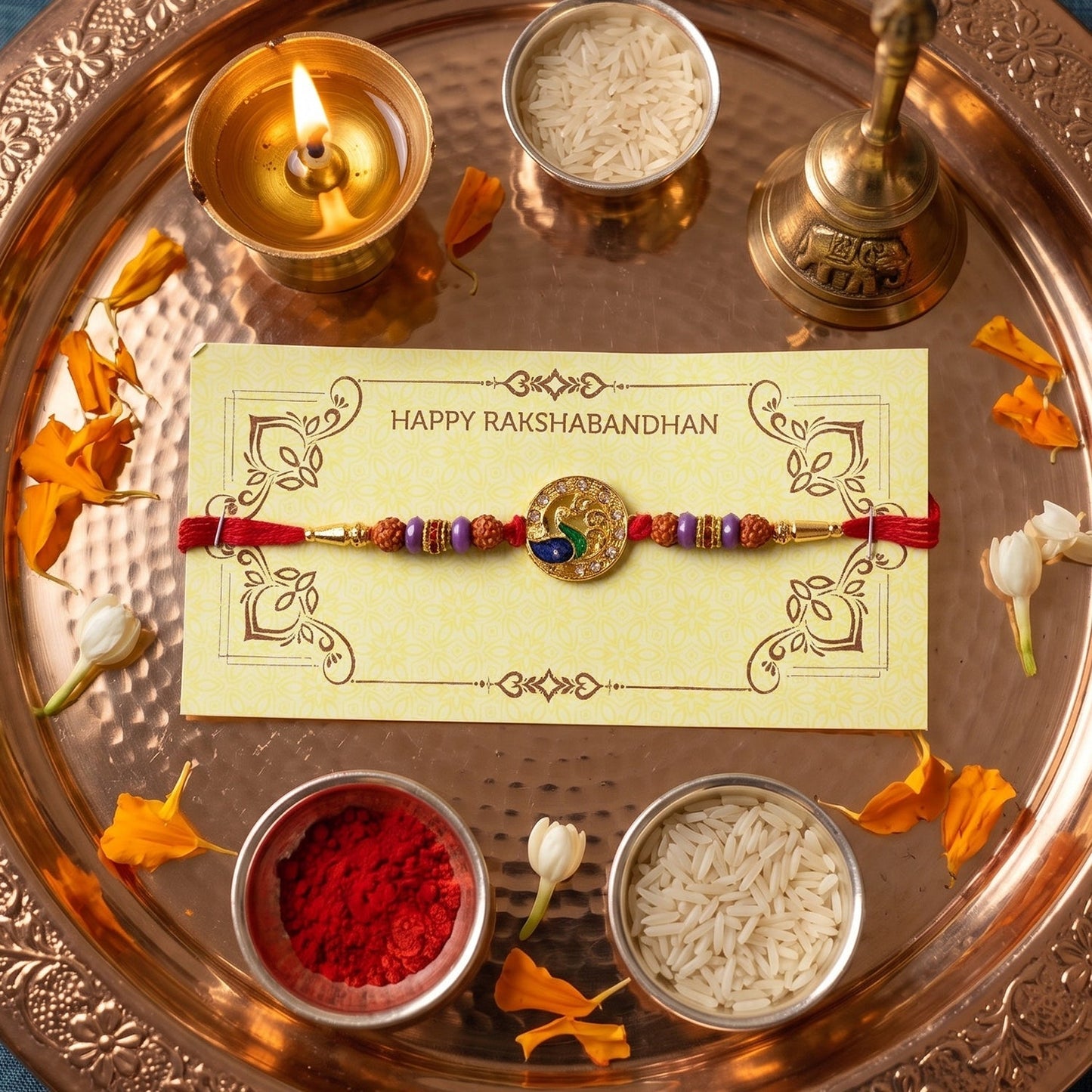 Decorative beads and peacock centerpiece on Rakhi for Raksha Bandhan