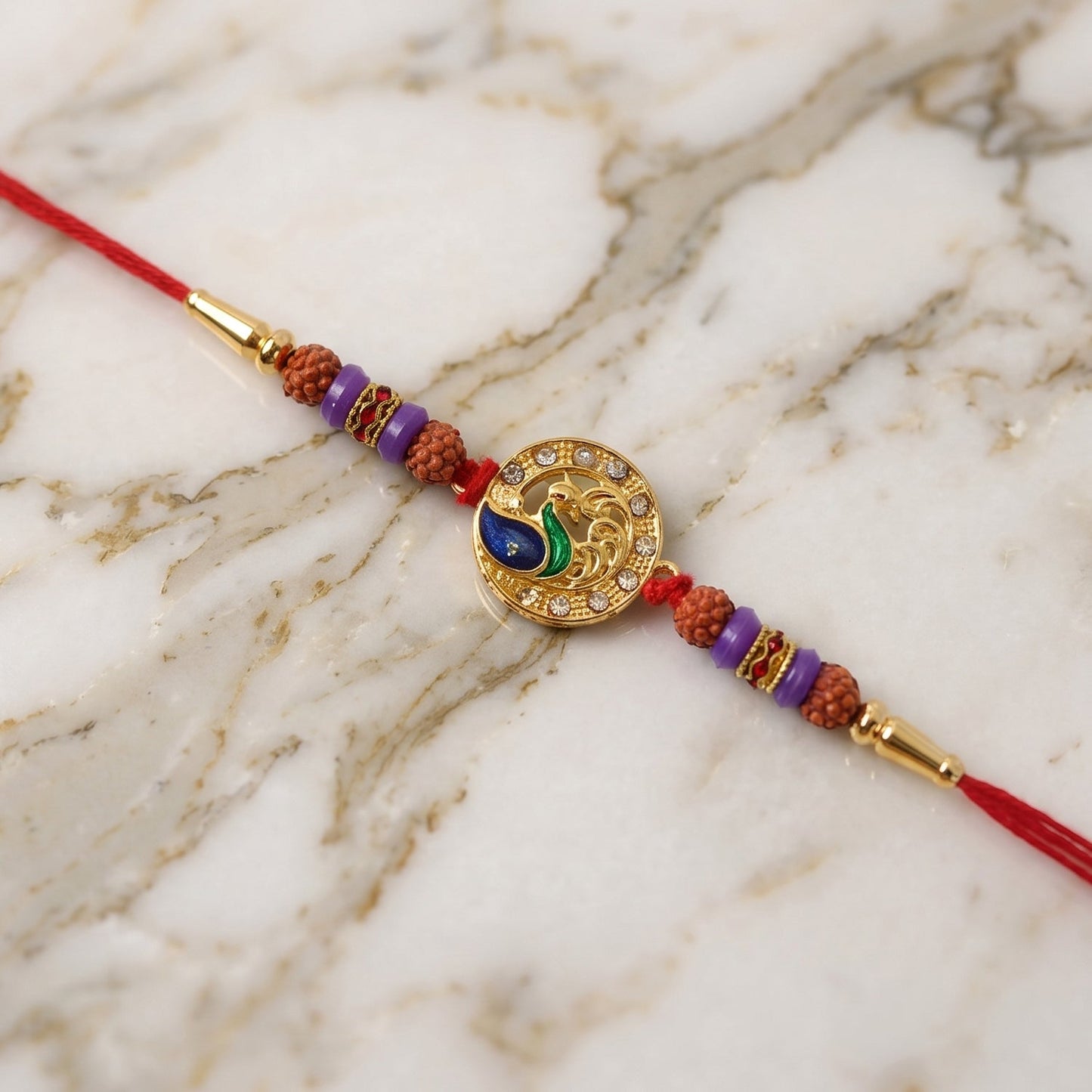 Close-up of Rudraksha beads on Rakhi highlighting spiritual significance