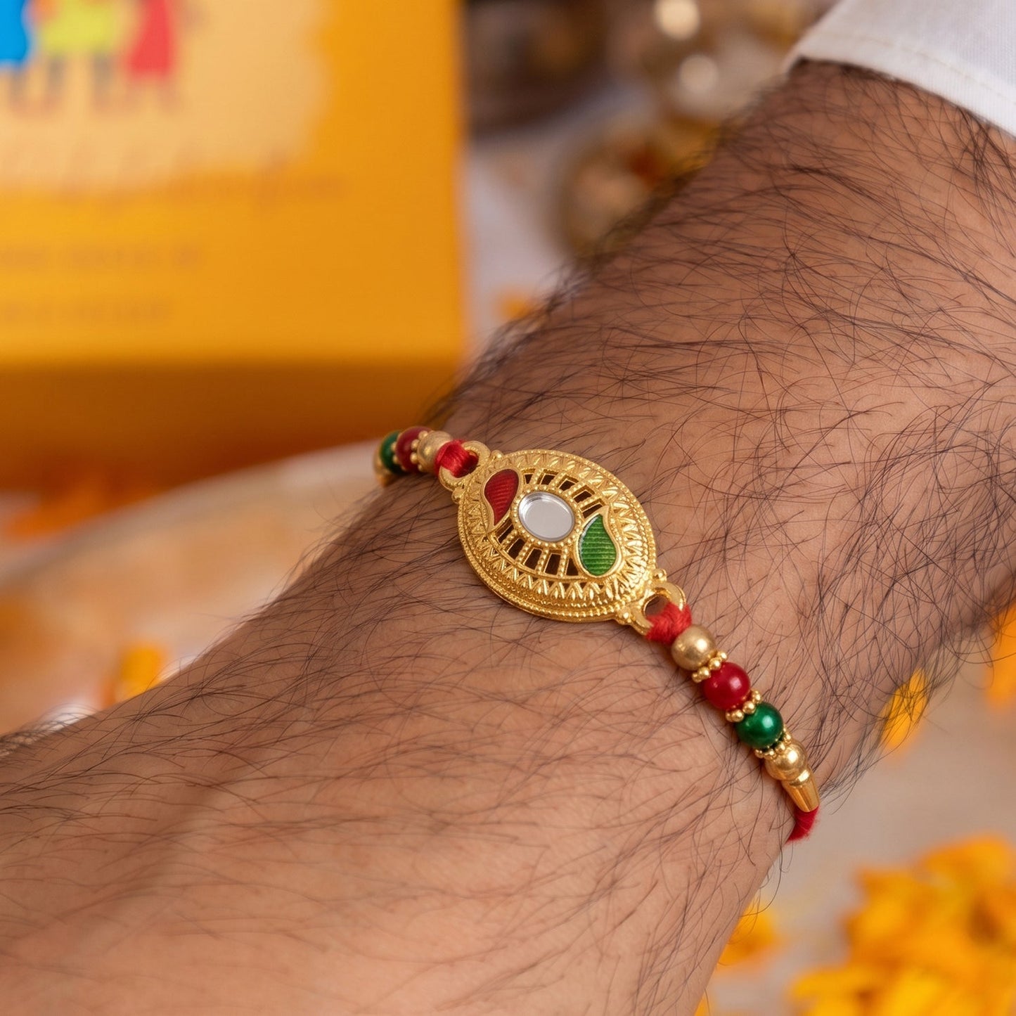 Close-up of vibrant Rakhi centerpiece with beads and traditional design