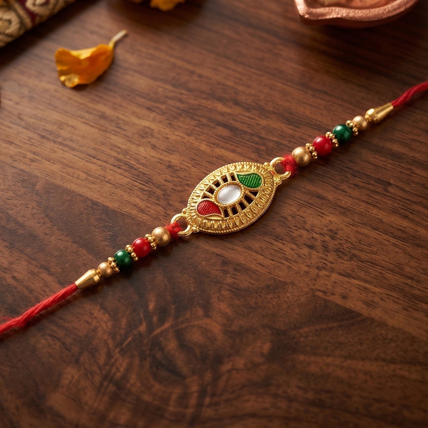 Traditional soft-thread Rakhi with colorful bead accents