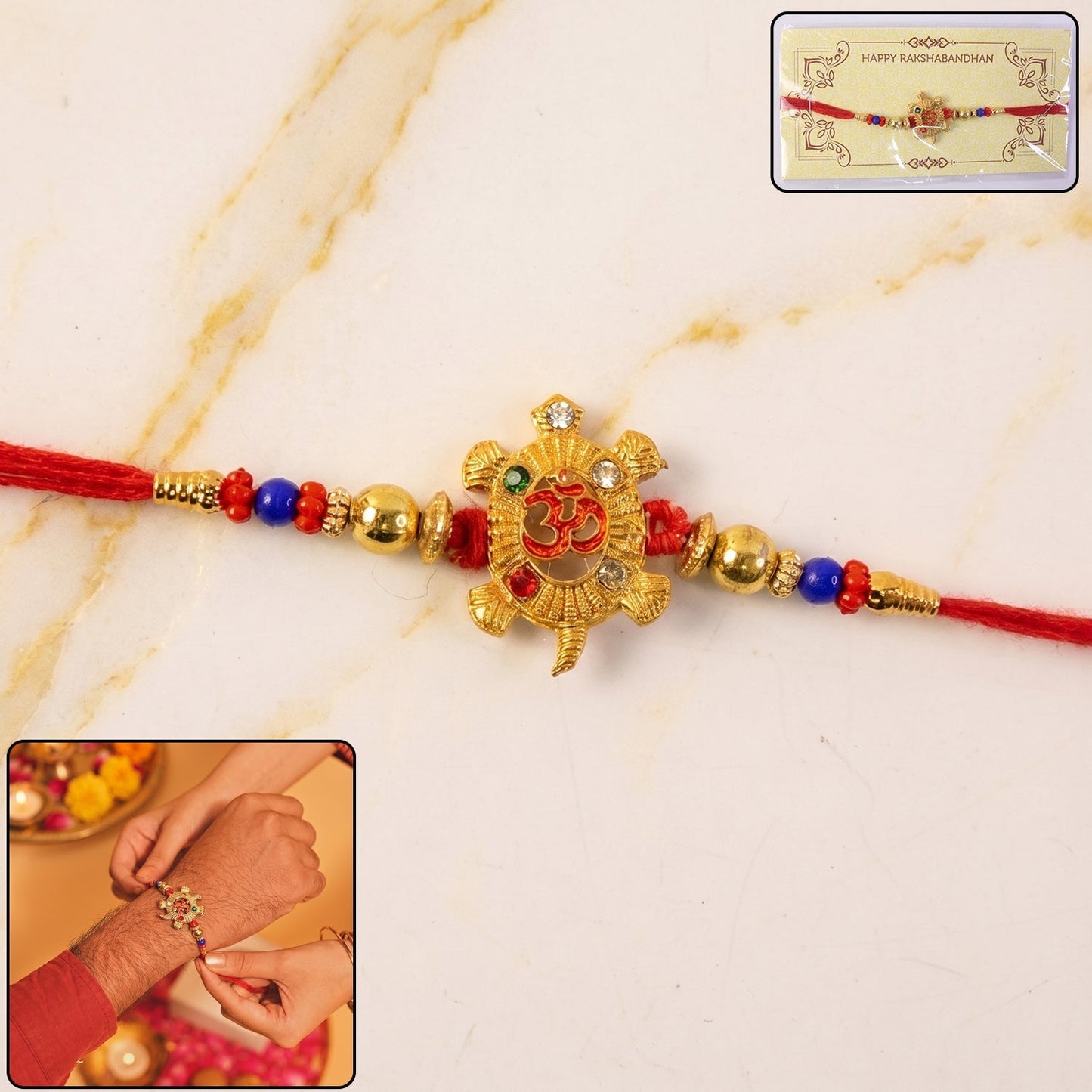Close-up of Om Turtle Design Rakhi with colorful beads
