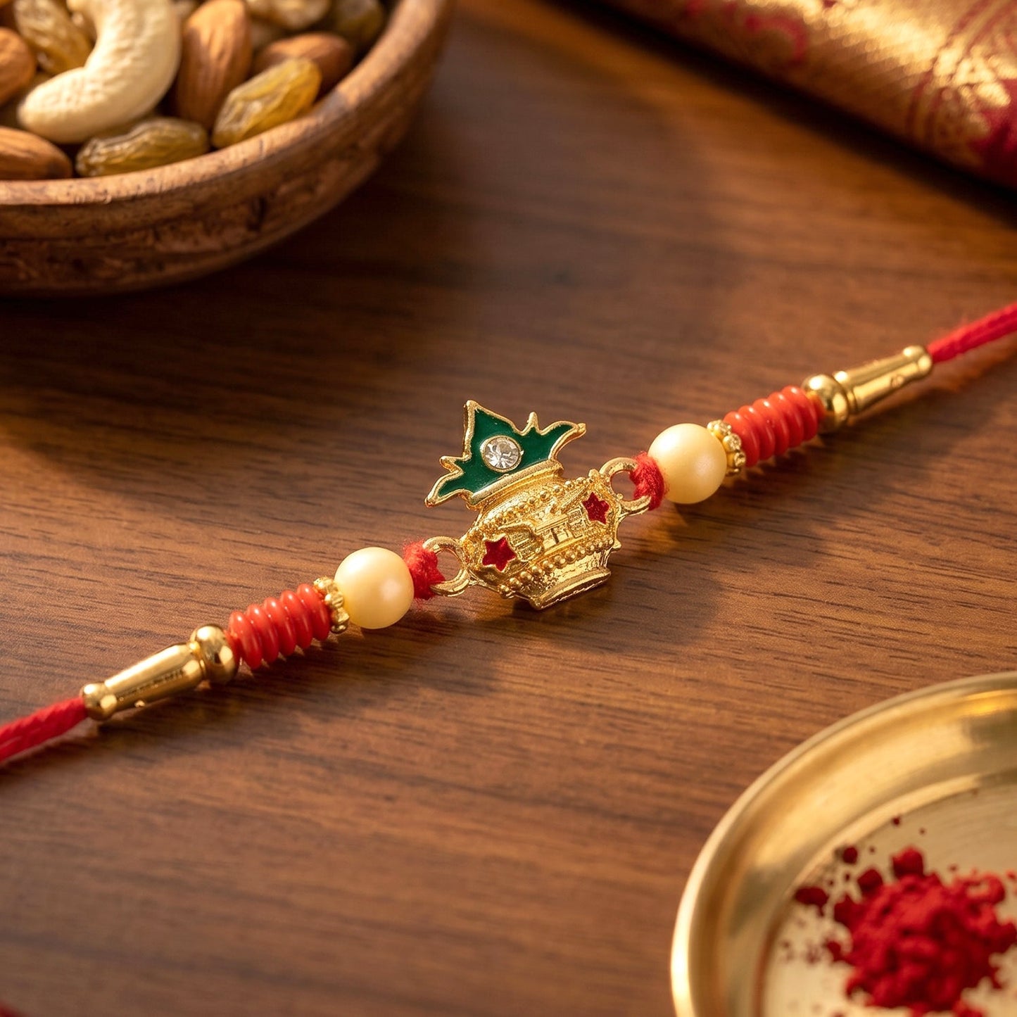 Decorative pearl beads on Kalash Rakhi for Raksha Bandhan