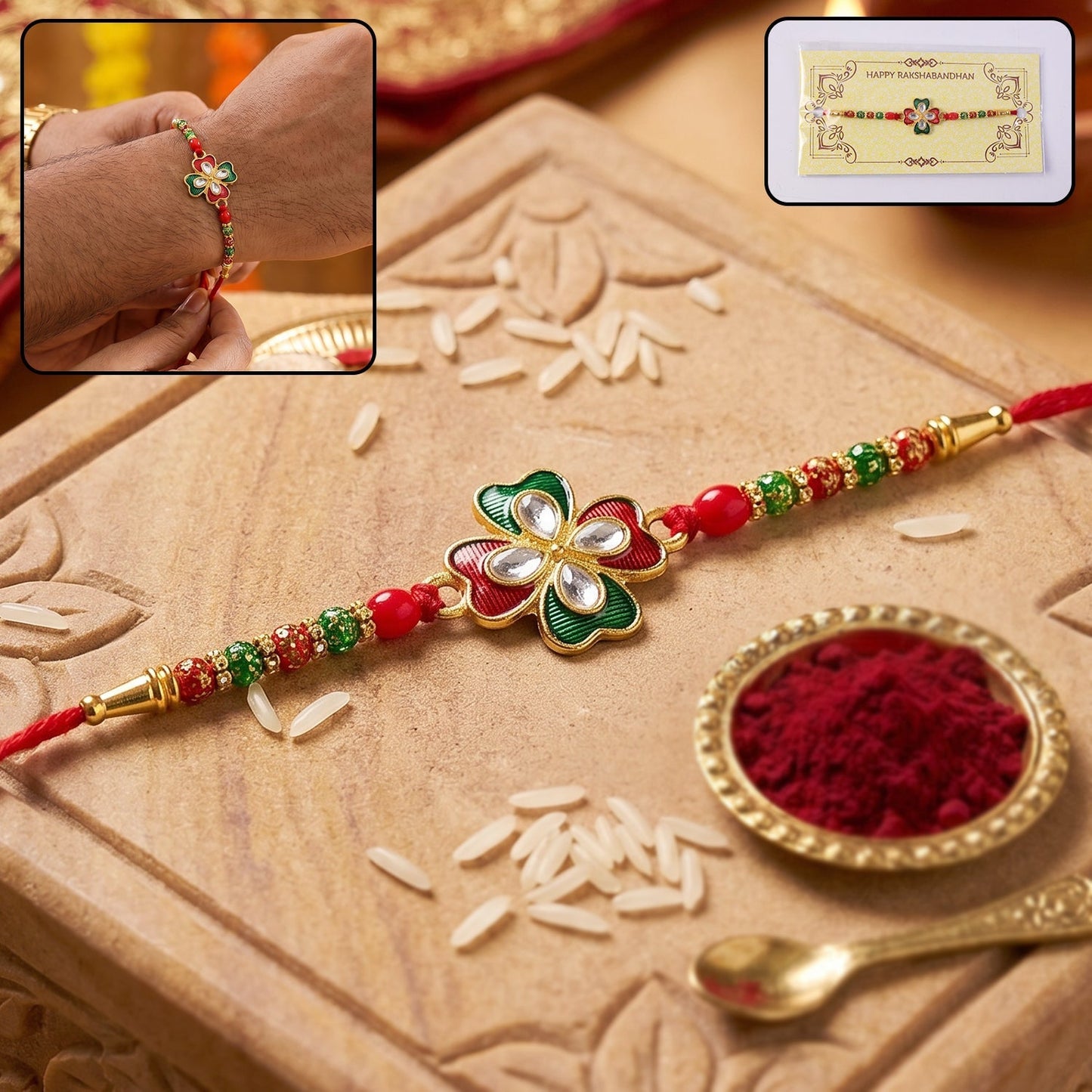 Colorful designer Rakhi with beads and decorative centerpiece