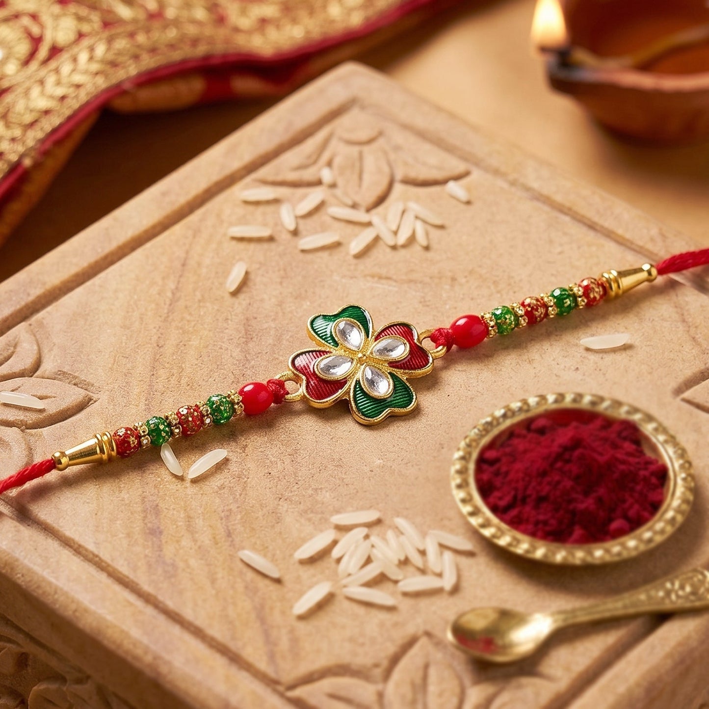 Close-up of decorative beads on the colorful Rakhi
