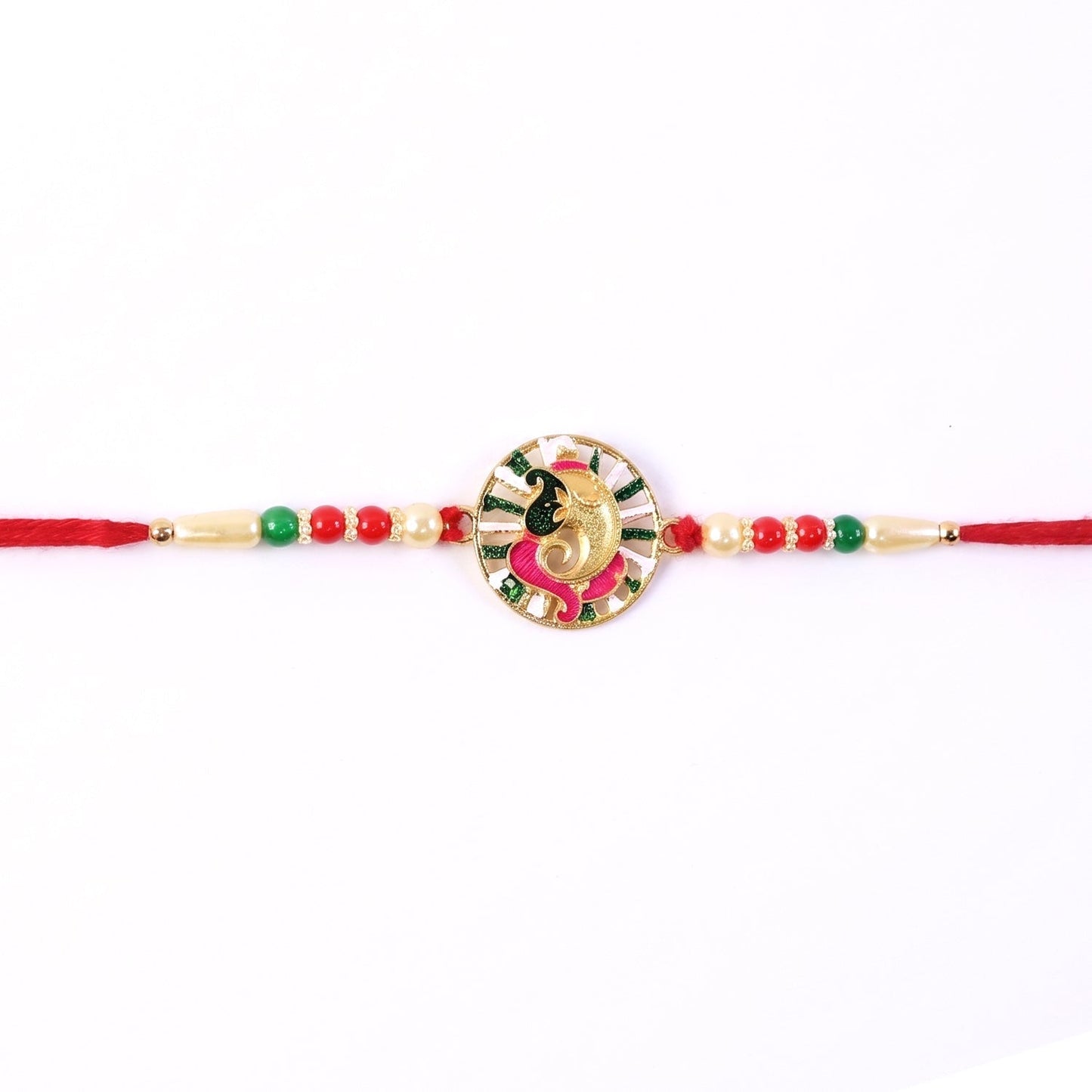 Side view of Ganesh Rakhi with vibrant beads and traditional design