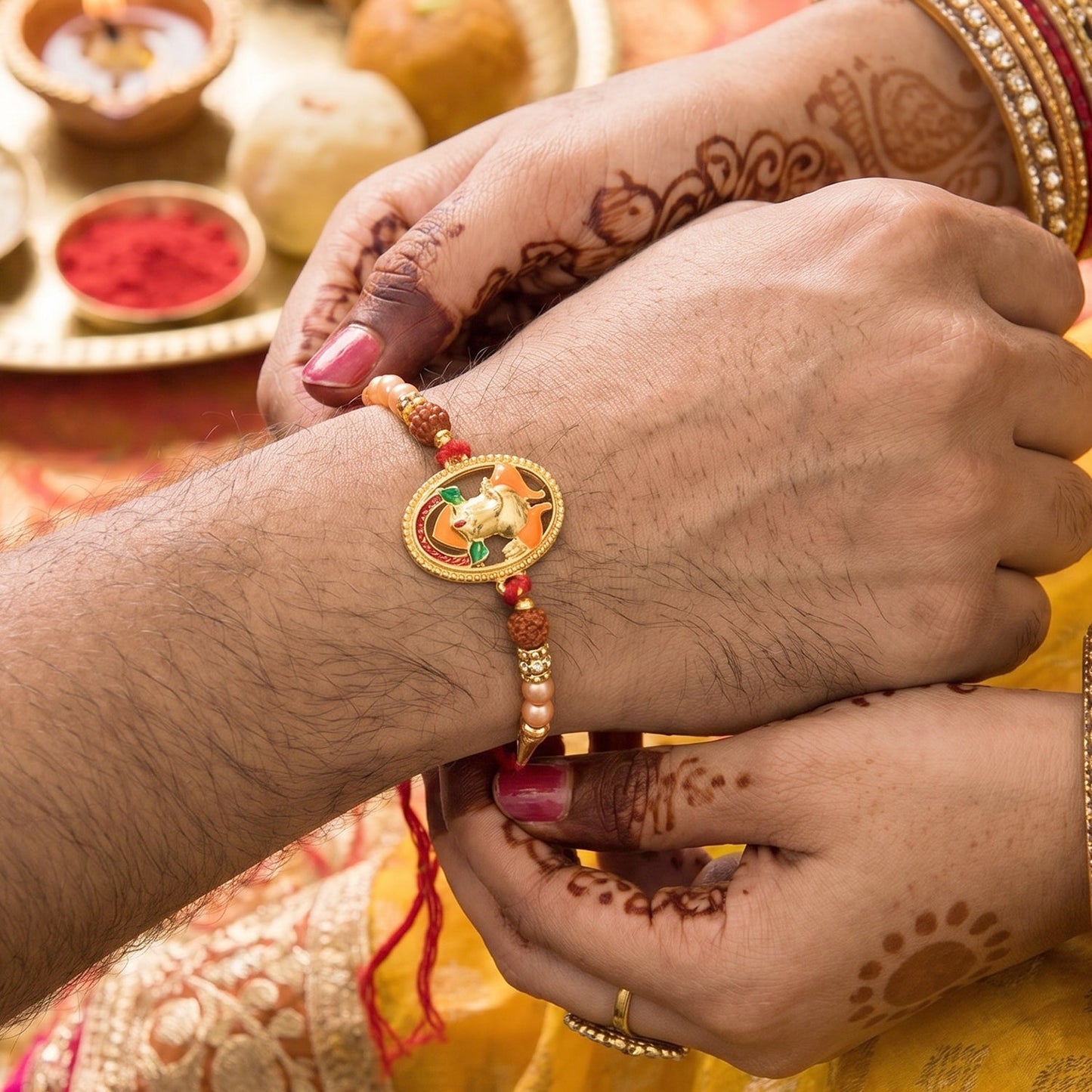 Soft thread Rakhi with decorative Ganesh and Rudraksha beads