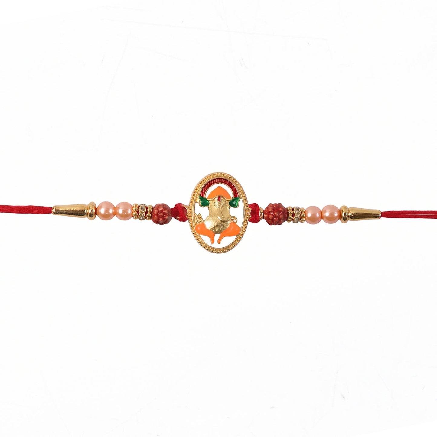 Close-up of Rudraksha beads on Ganesh Rakhi