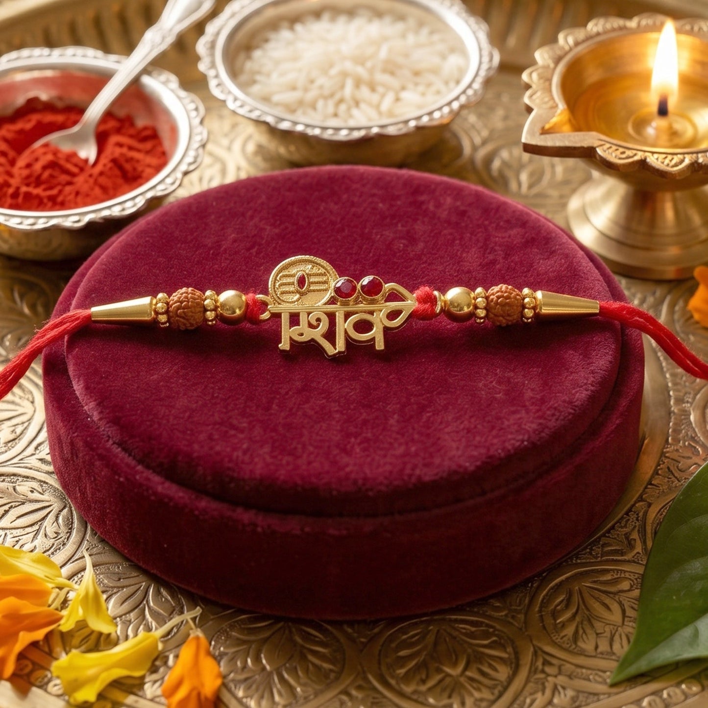 Close-up of Rudraksha beads on Shiv Design Rakhi