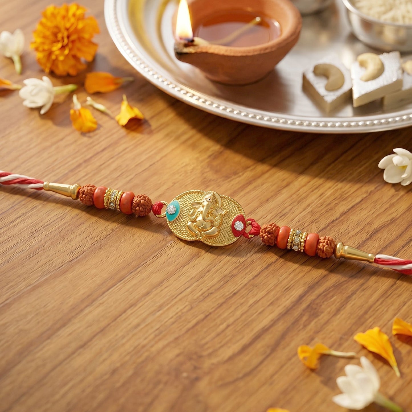 Decorative beads and Ganesh centerpiece on Rakhi