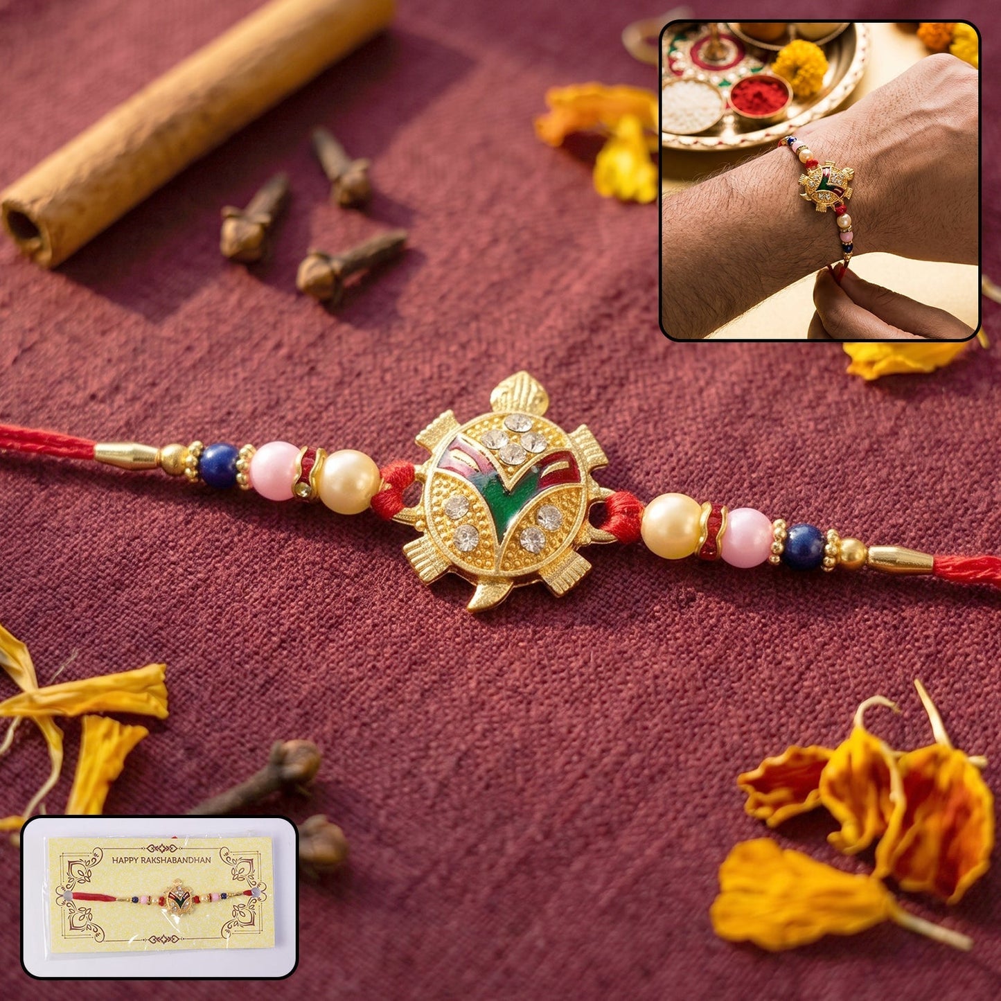 Golden turtle design Rakhi with pearl beads on soft thread