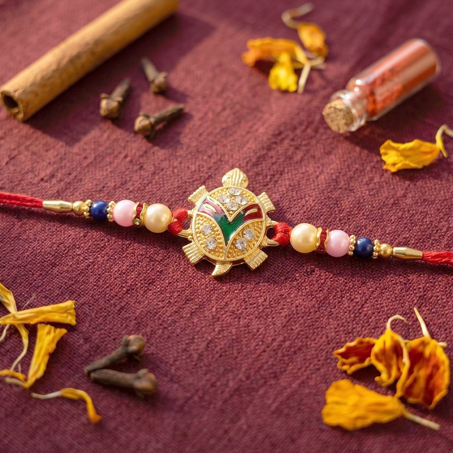 Close-up of golden turtle Rakhi embellished with pearl beads