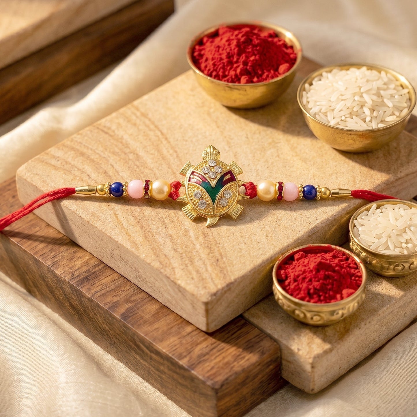Traditional golden turtle Rakhi detail with decorative beads