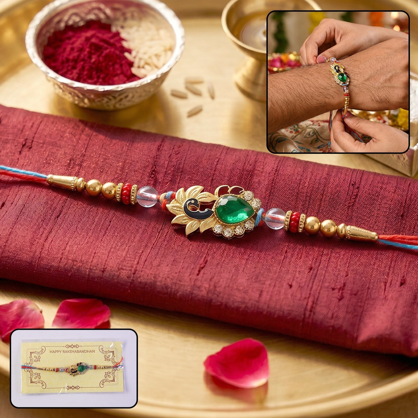 Silver Peacock Design Rakhi with Red Thread – Front View