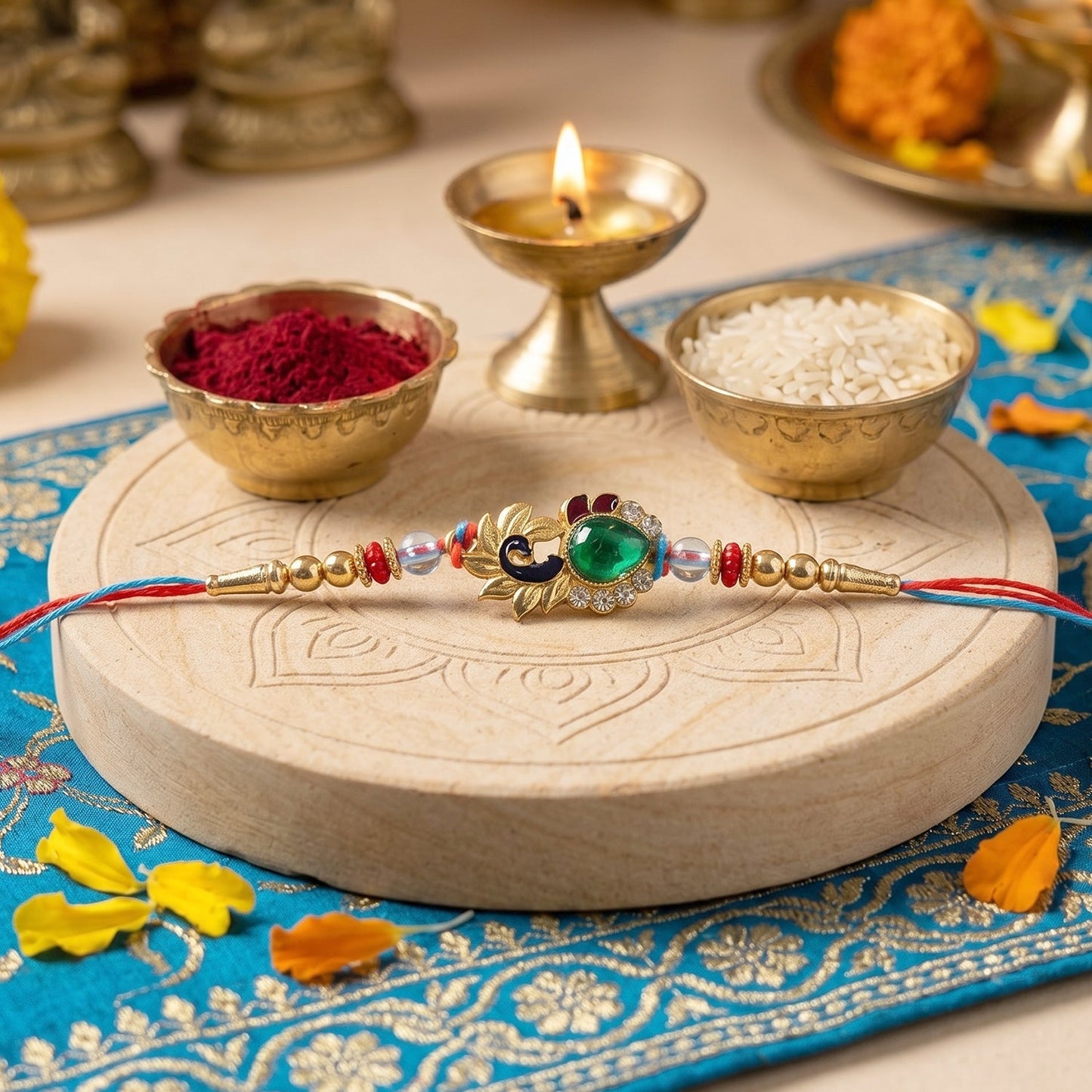 Silver Peacock Rakhi showing decorative beads