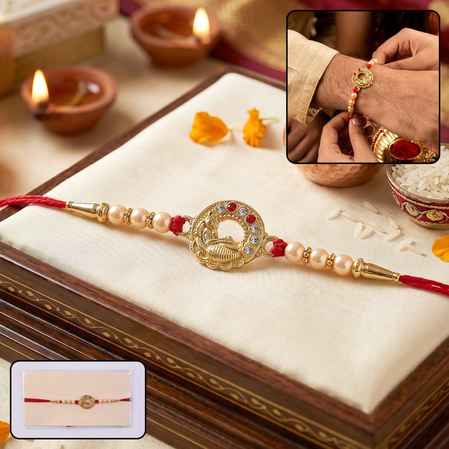Colorful peacock designer rakhi with decorative beads on soft thread