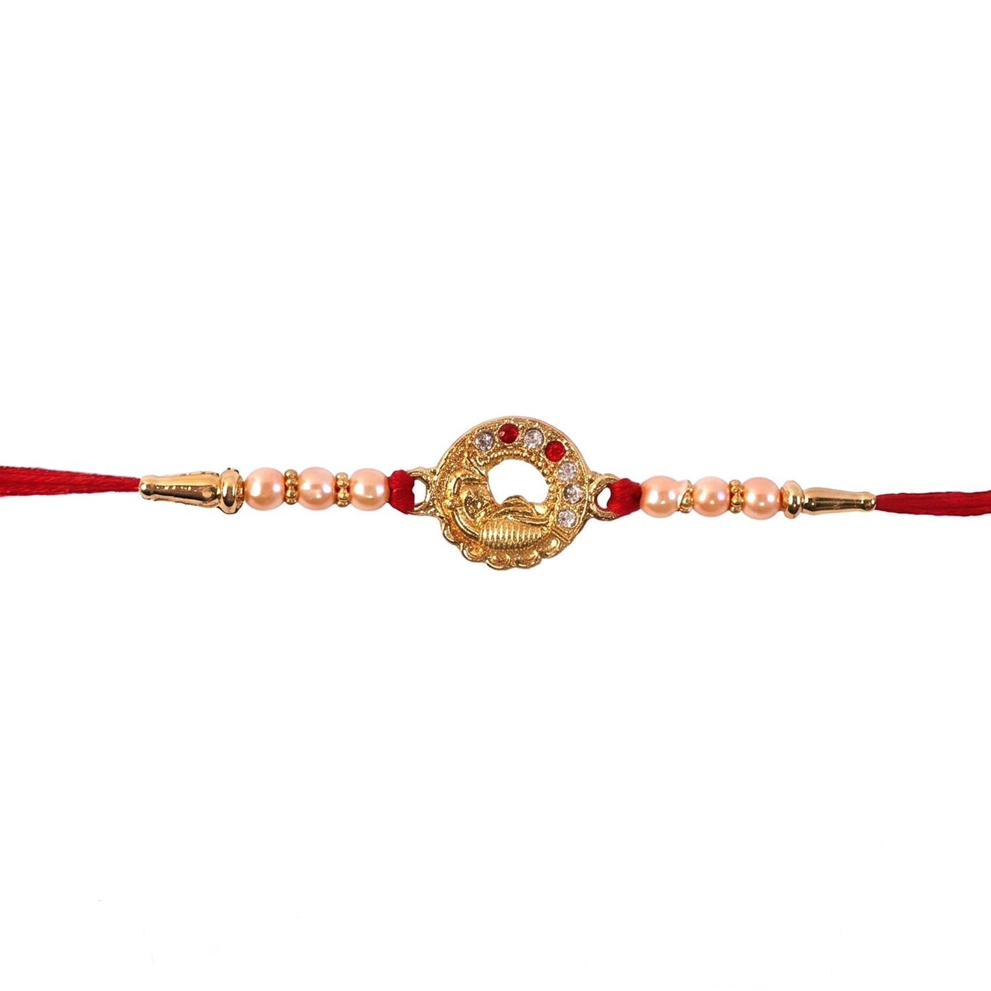 Colorful peacock rakhi with vibrant beads displayed on a white background