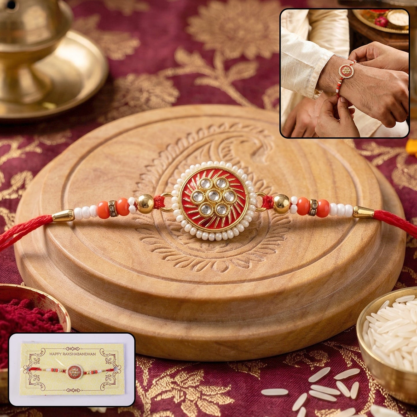 Golden floral Rakhi with colorful beads and intricate floral design