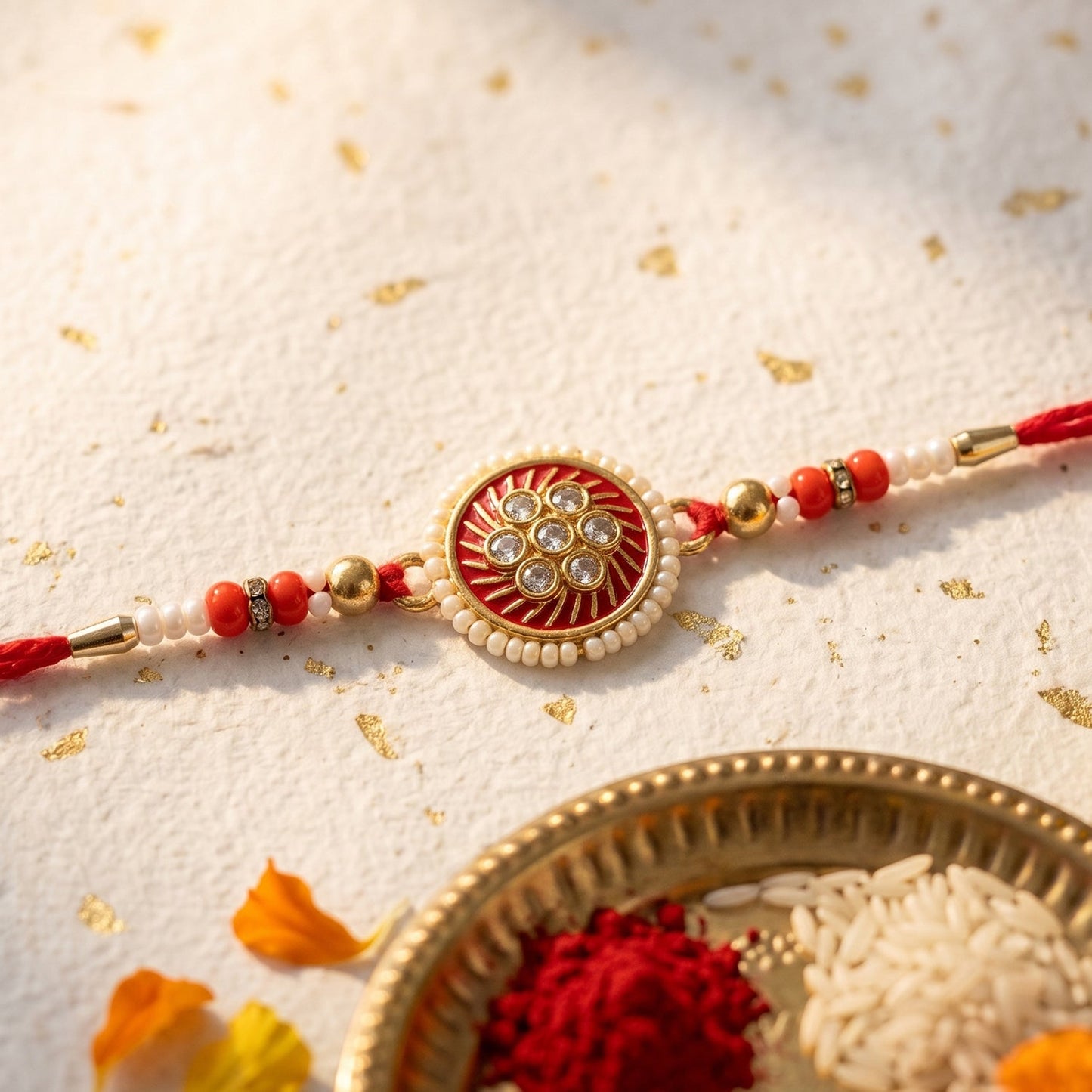 Decorative traditional Rakhi with beads and floral accents from side view