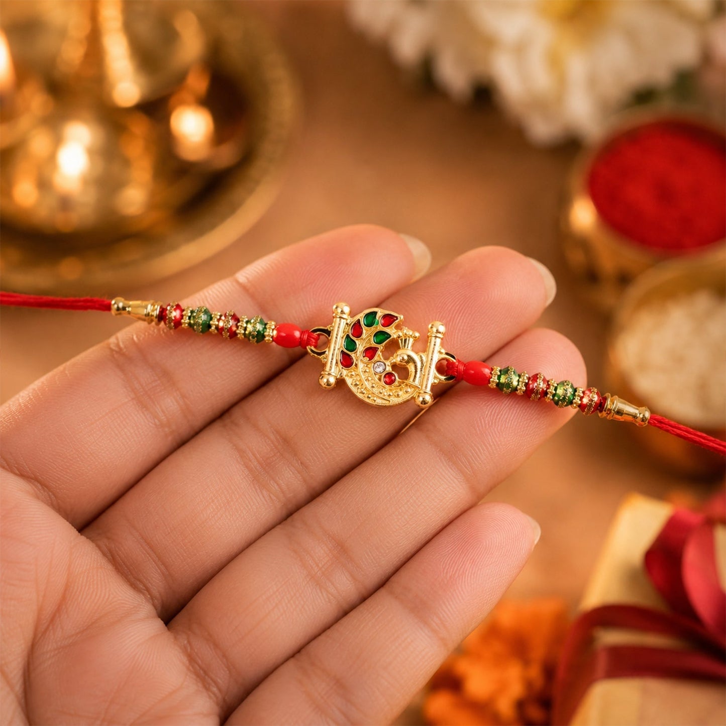 Side view of golden peacock Rakhi with detailed bead work