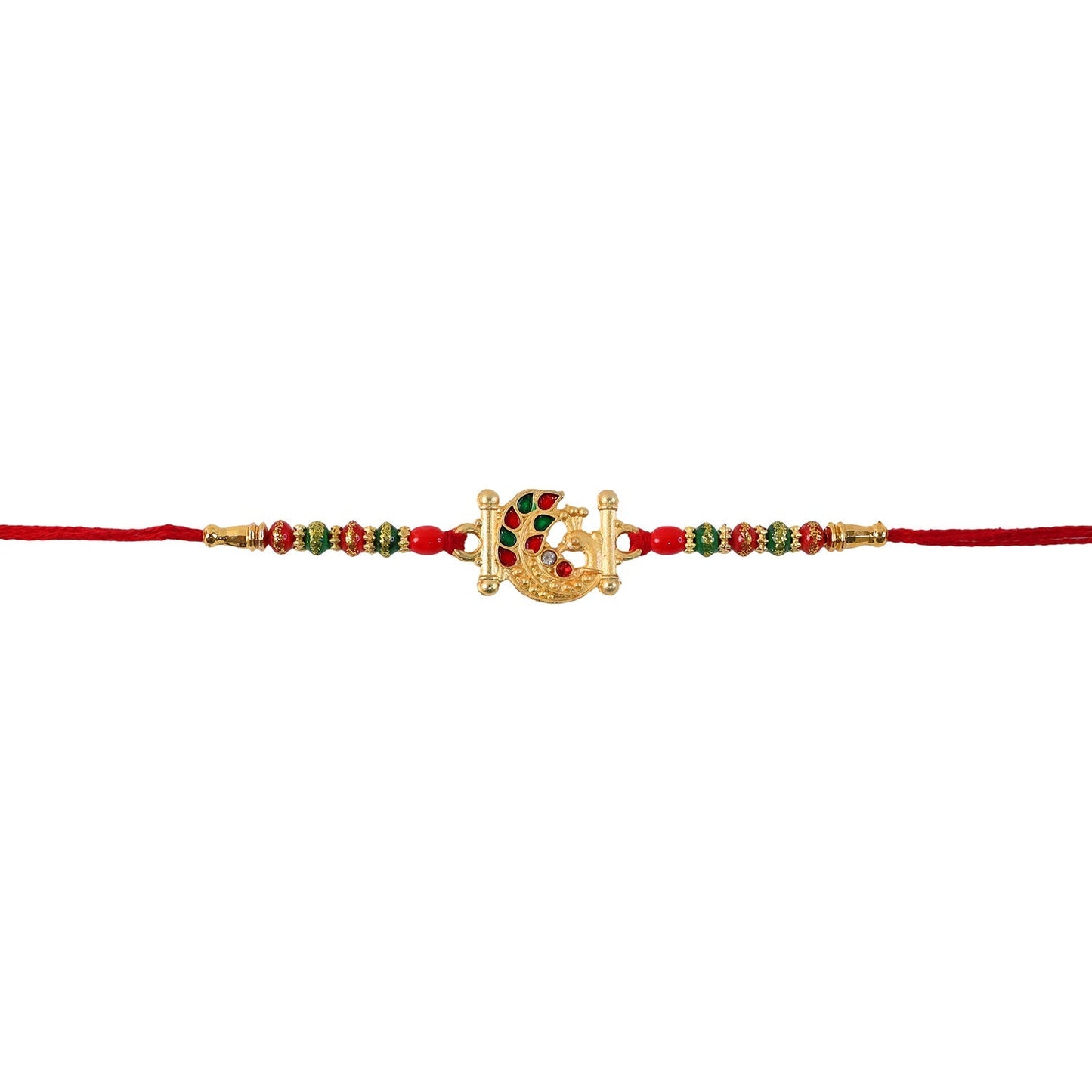 Colorful bead detailing on decorative peacock Rakhi
