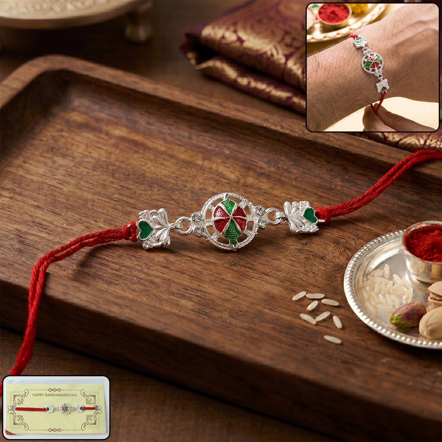 Silver floral design Rakhi with red thread front view