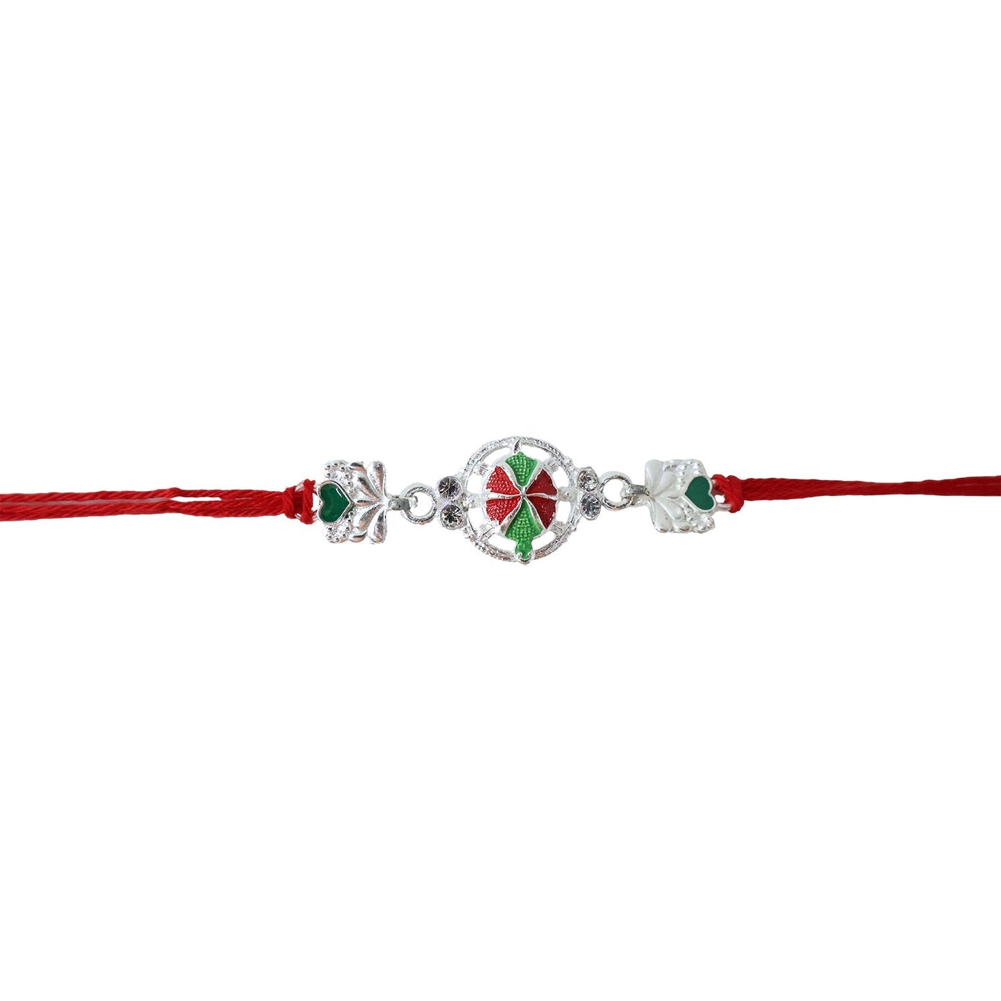 Traditional Rakhi with silver floral centerpiece and red thread