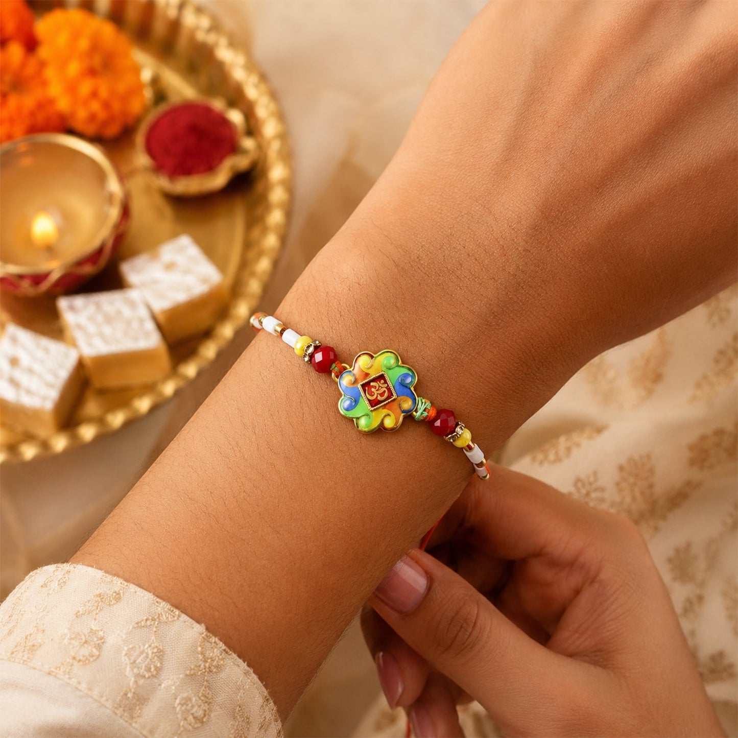 Close-up of Om symbol centerpiece on Rakhi with beads
