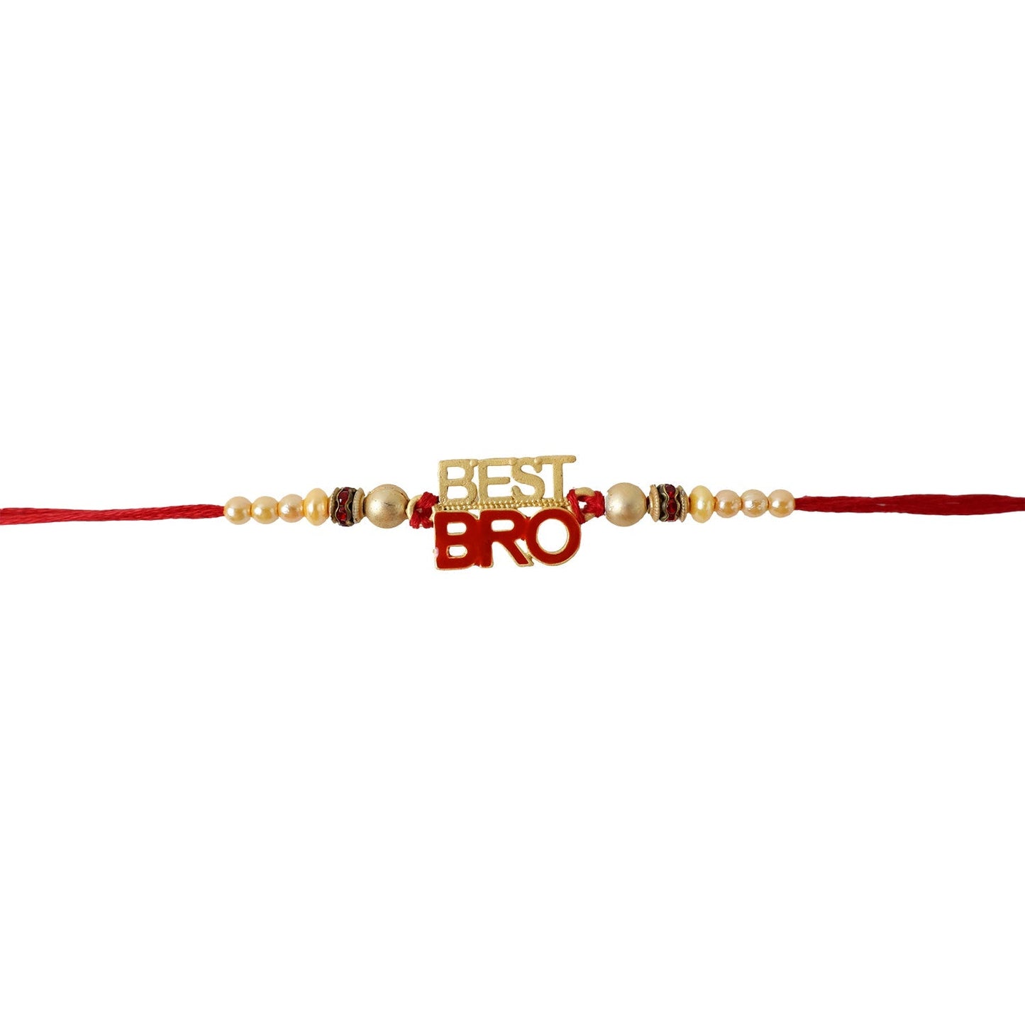 Vibrant red thread Rakhi with pearl bead decoration