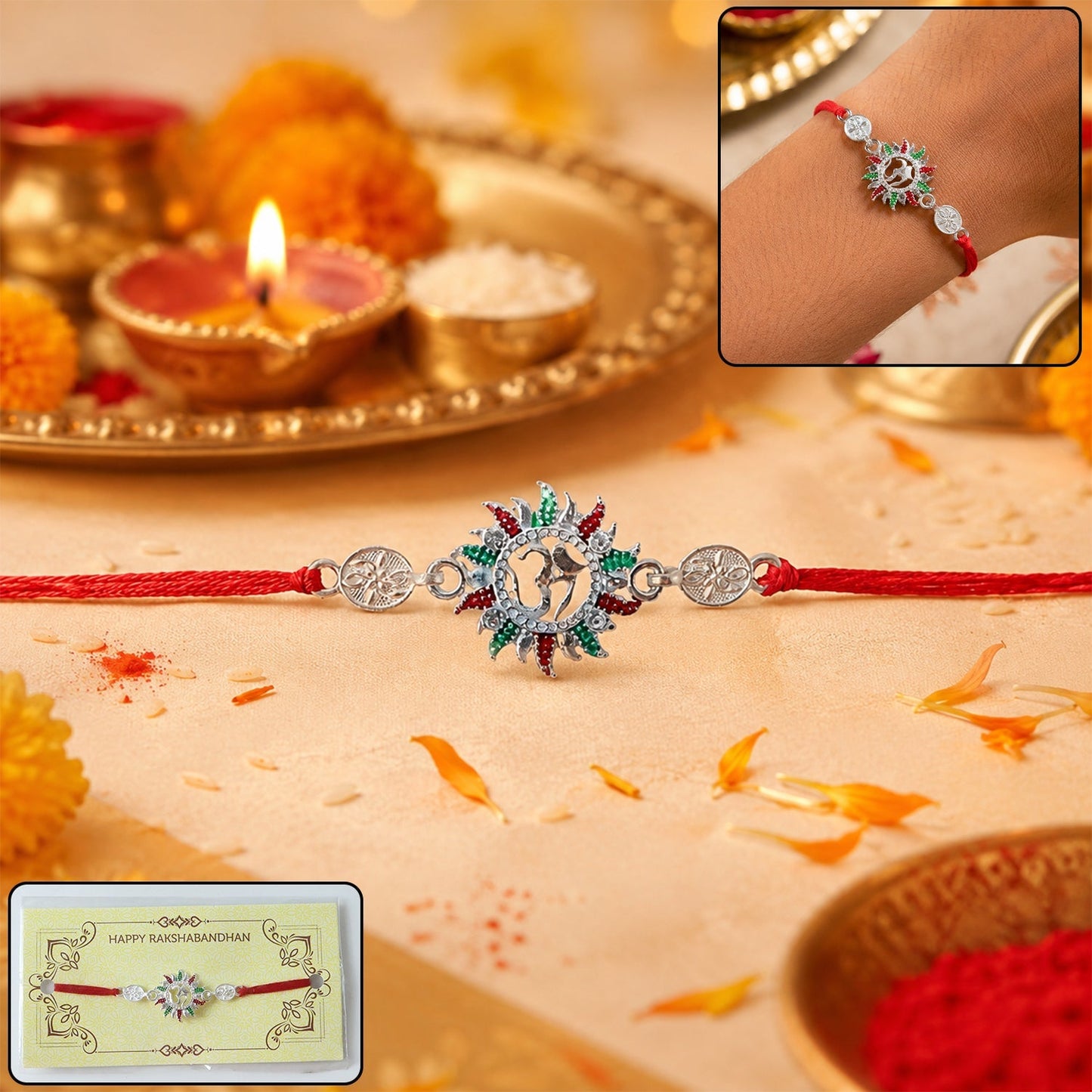 Om Designer Rakhi with red thread and Om symbol, festive gift for brother