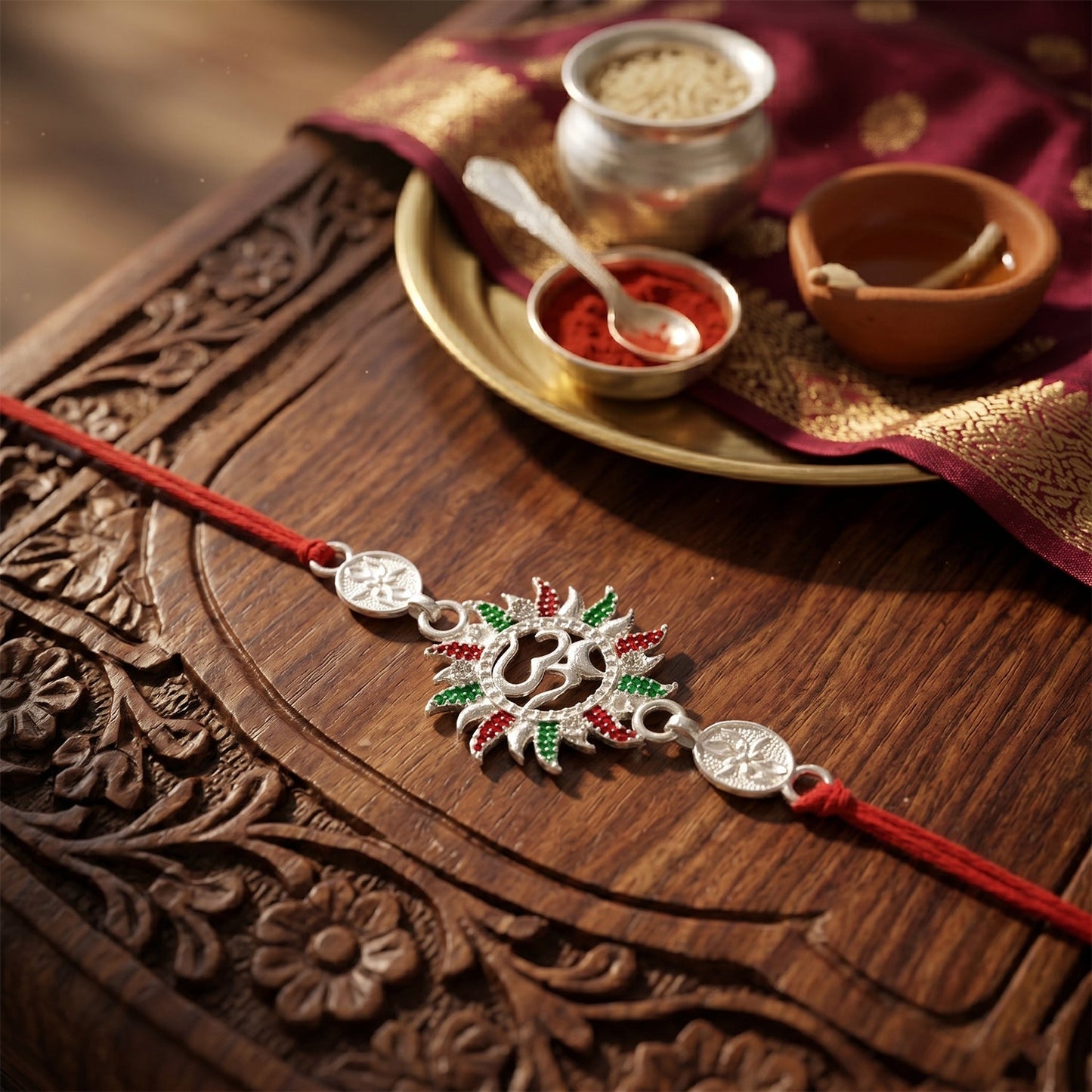 Side view of Om designer rakhi with red thread, stylish and elegant