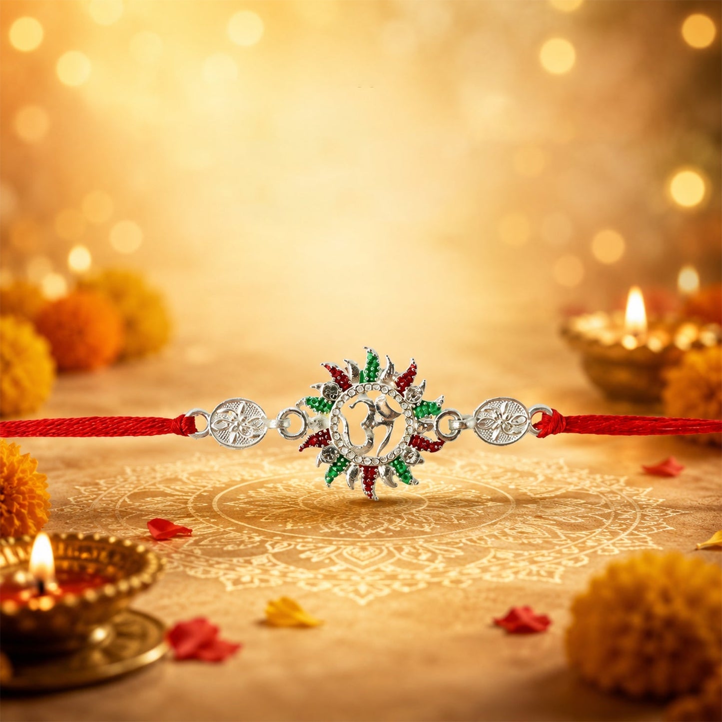 Rakhi tied on wrist showing vibrant red thread and Om motif