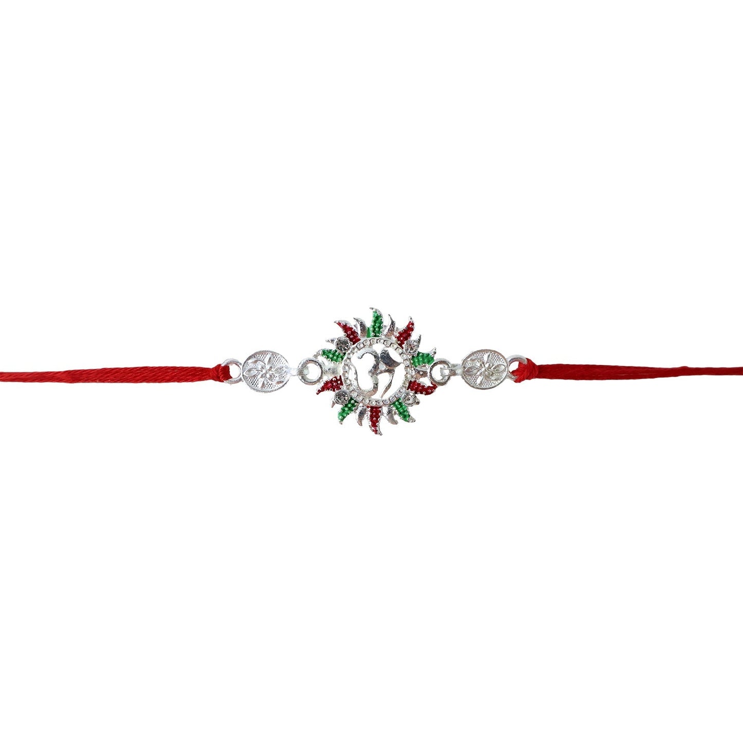 Detailed Om symbol on red thread rakhi, perfect for Raksha Bandhan