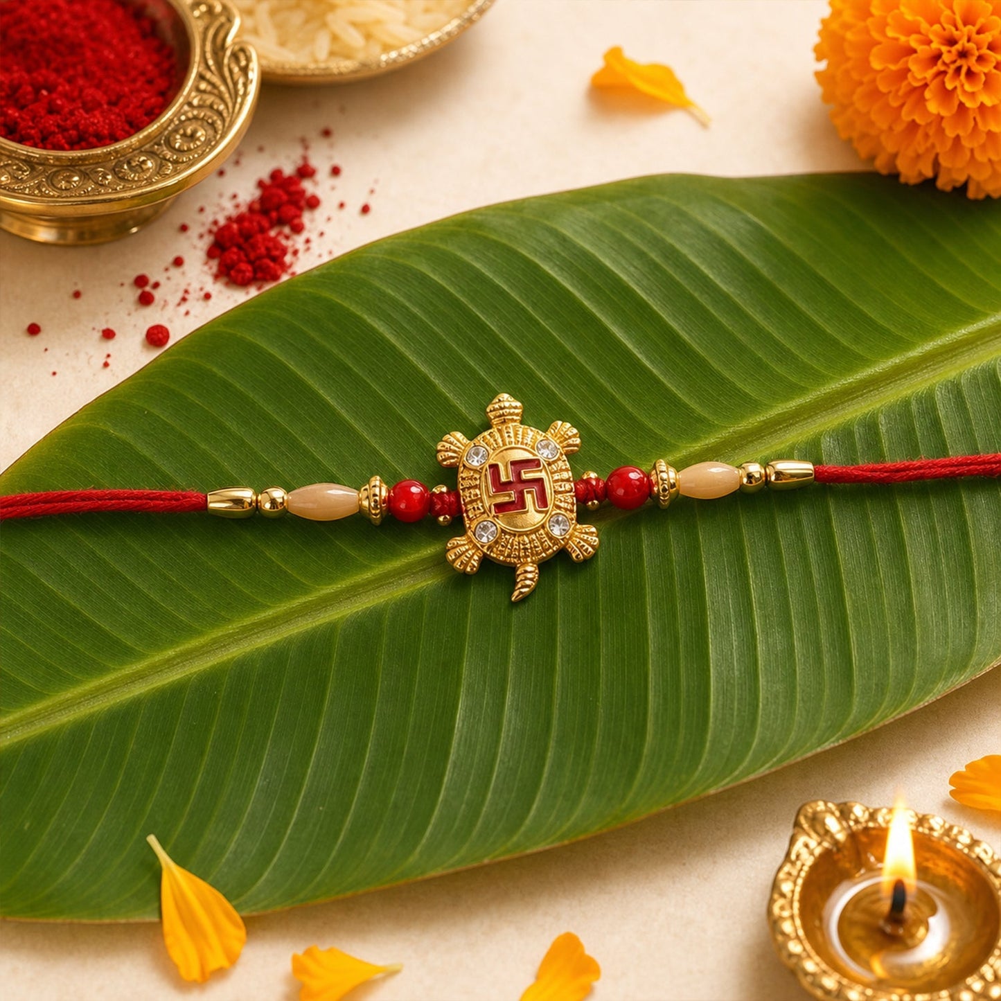 Side angle of Turtle Swastik rakhi on red thread