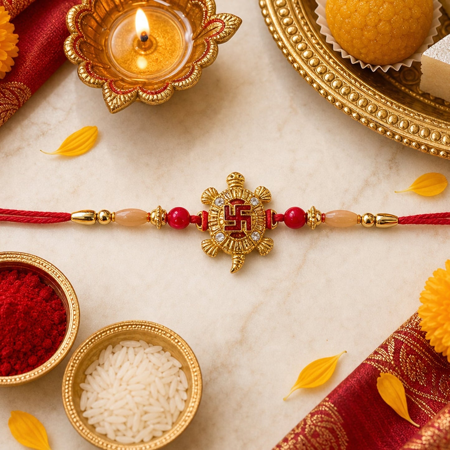 Top view of elegant Turtle Swastik rakhi with red thread