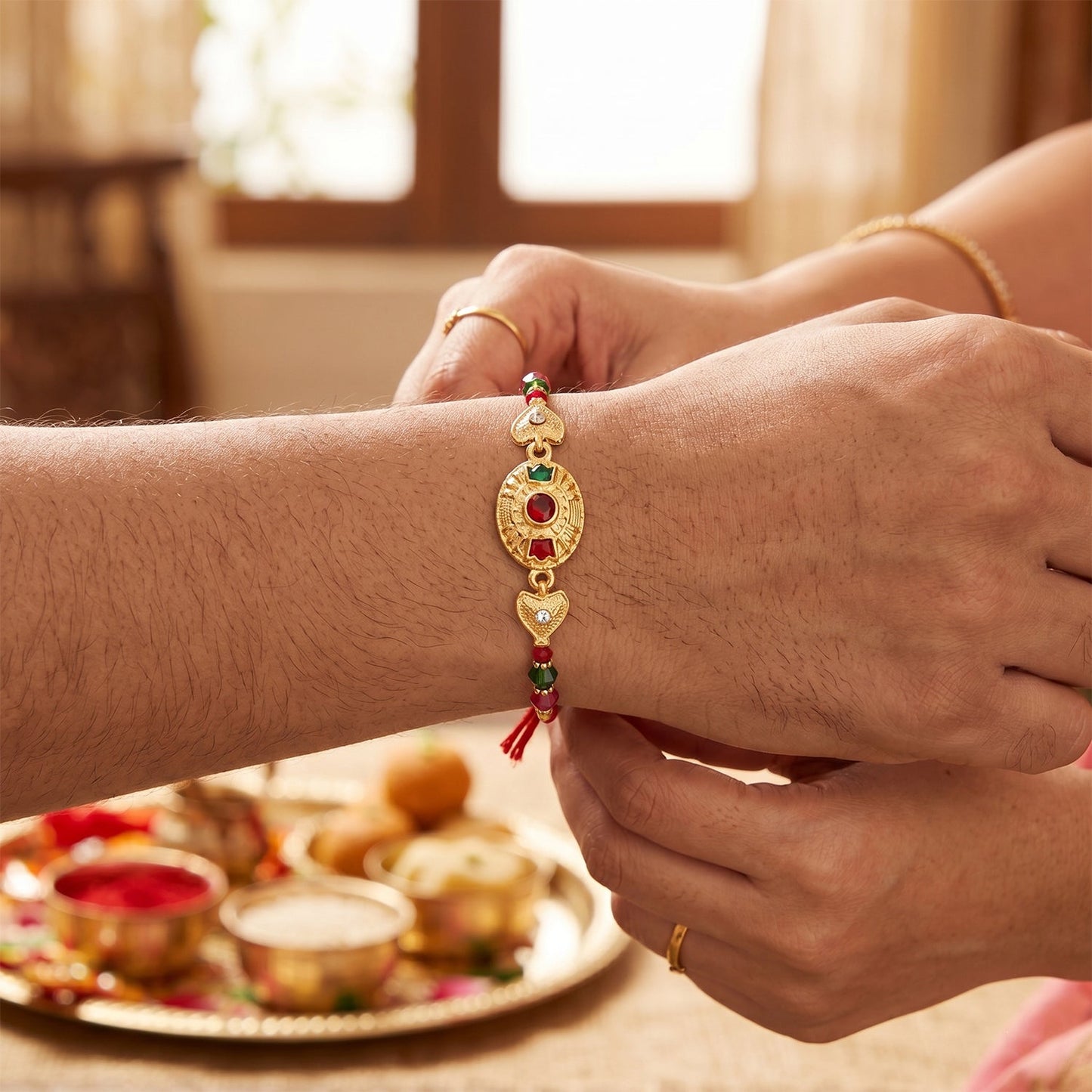 Close-up of colorful beads on gold stone rakhi