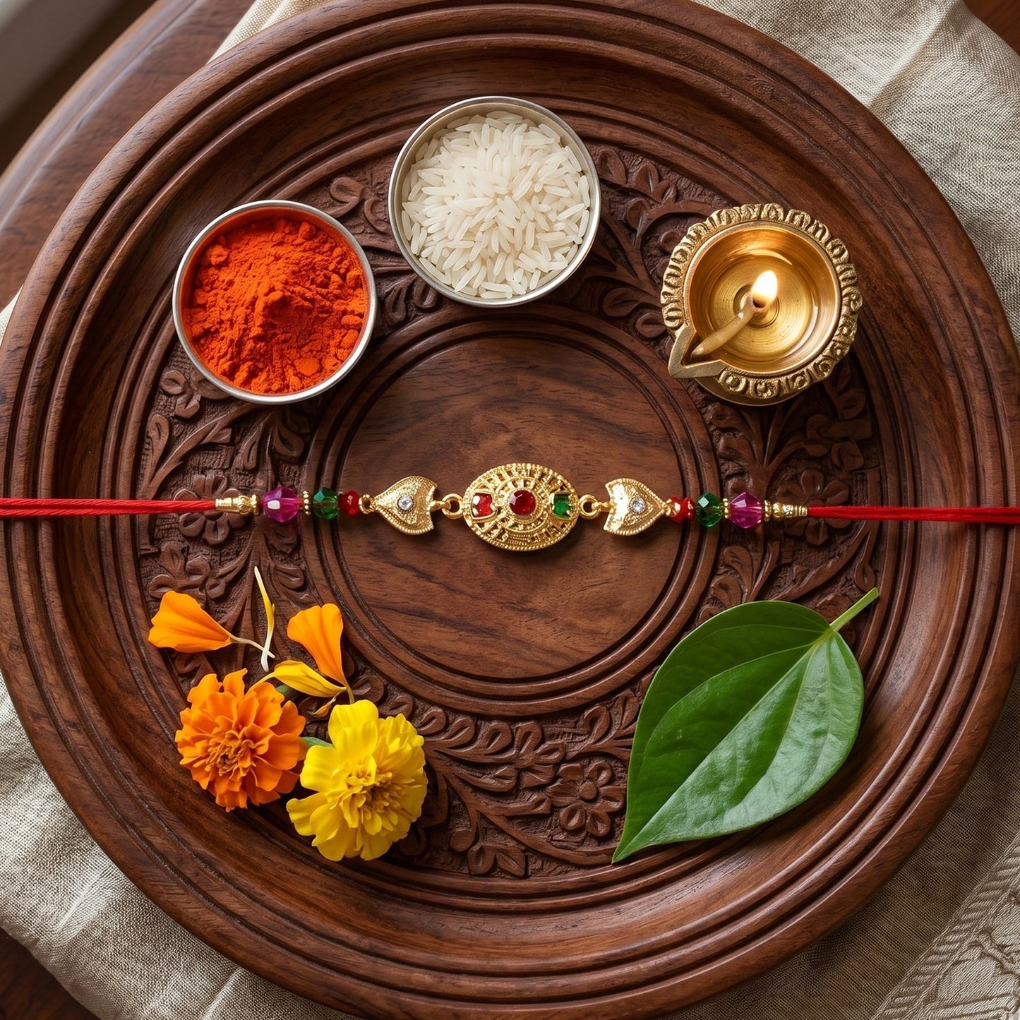 Detailed view of gold stone rakhi with colorful beads