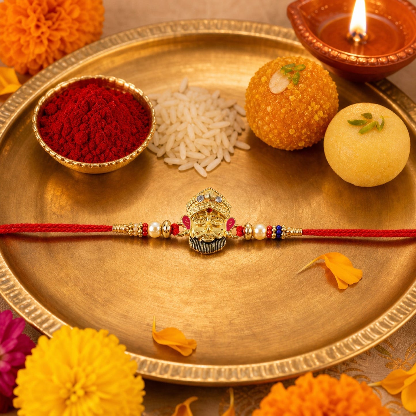 Side view of elegant traditional rakhi with beads and red thread