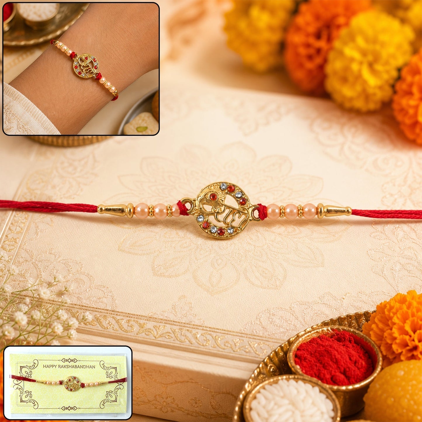 Radhe Designer Rakhi featuring pearl beads and red thread, front view