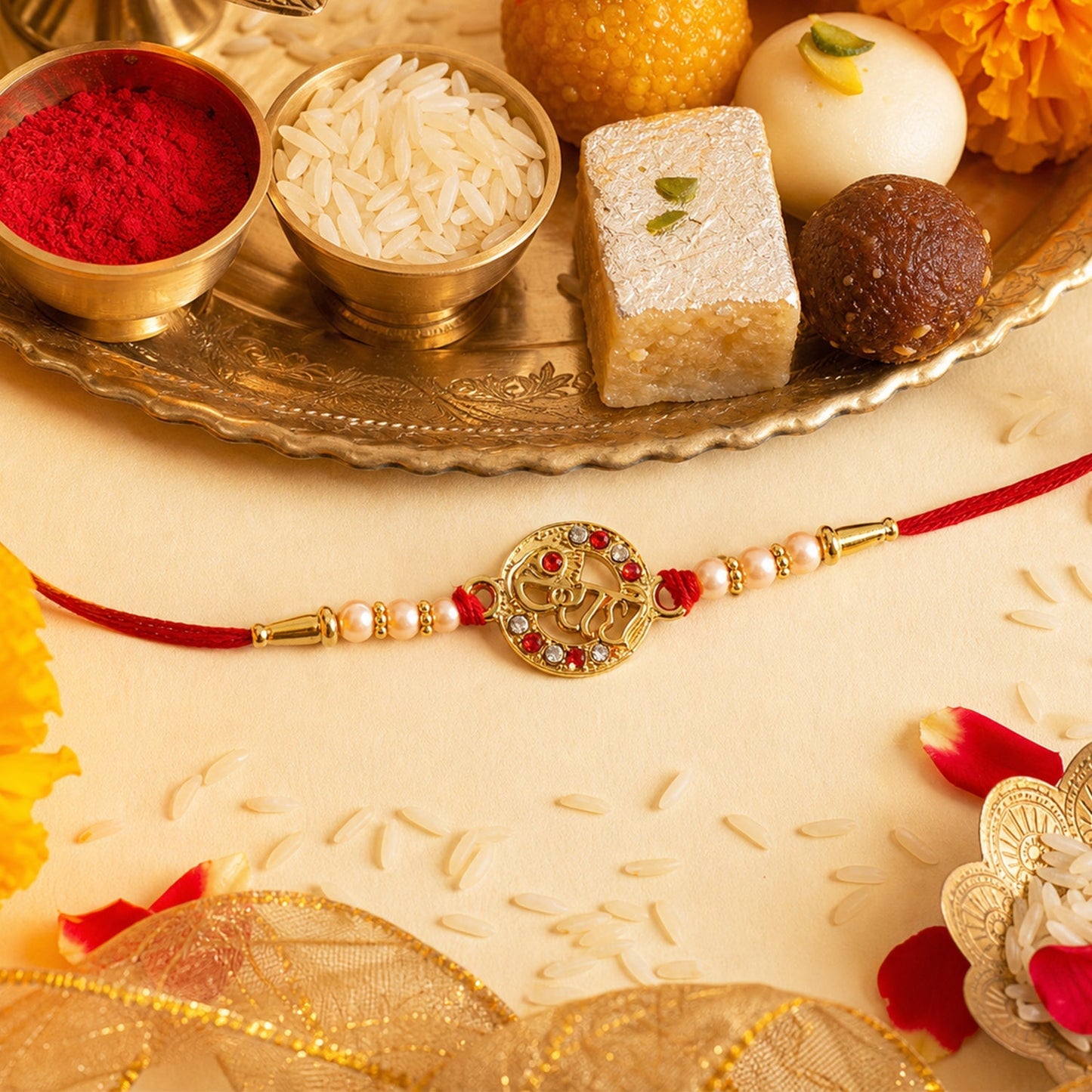 Side view of Radhe Designer Rakhi showing red thread